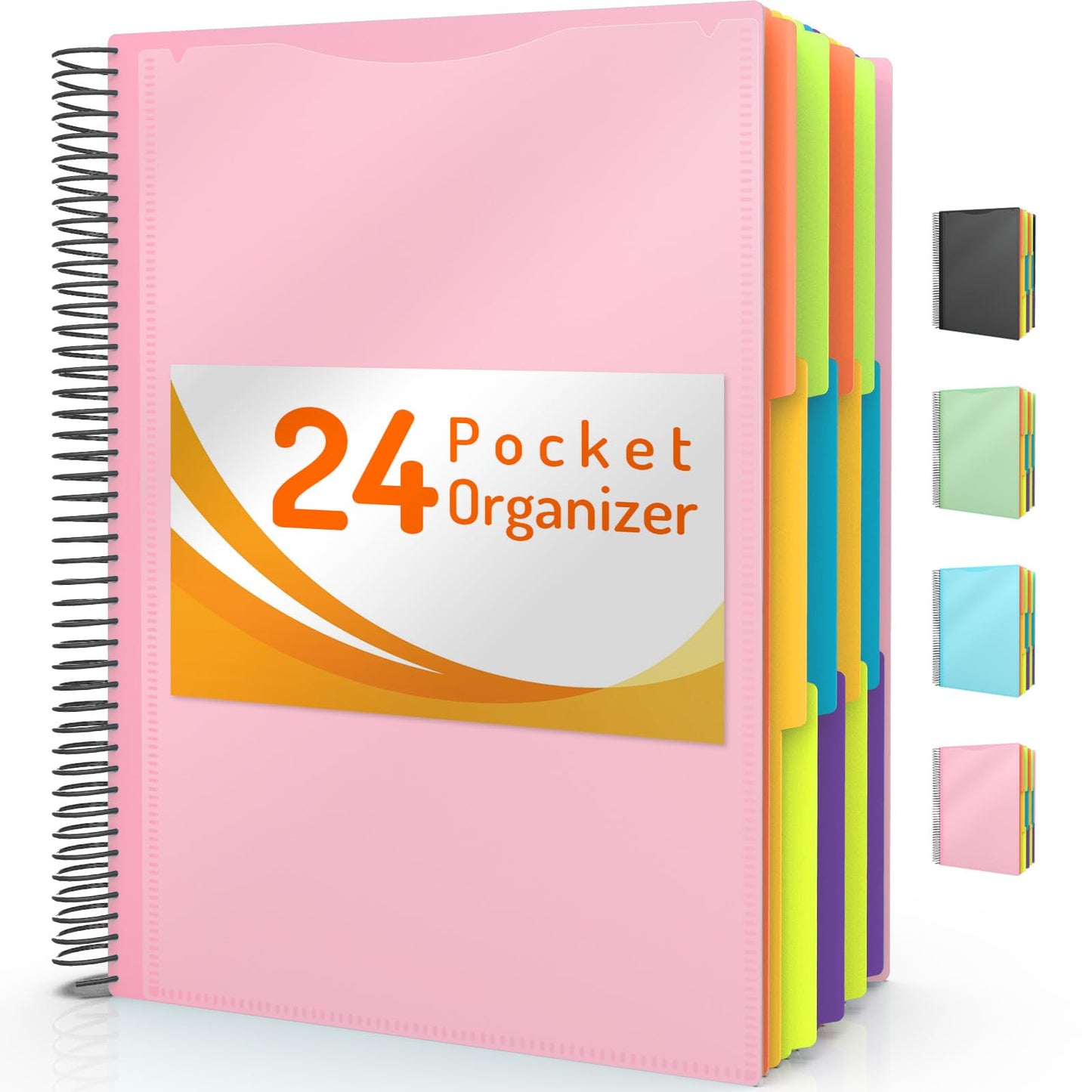 Forvencer 12 Pocket Project Organizer, 1/6-cut Tab Binder Organizer with Sticky Labels, Multi Pocket Folder with Zipper Pouch, Folder Binder Spiral Pocket Notebook, Office Supplies, Letter Size, Black