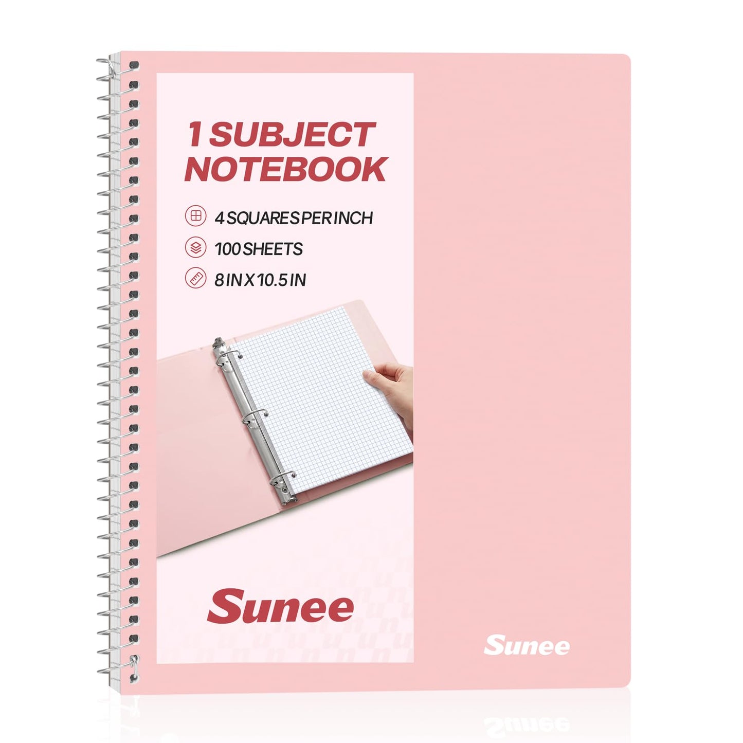 SUNEE Spiral Notebook, 1-Subject, Graph Ruled Paper, 8" x 10-1/2", 100 Sheets per Notebook, 3-Hole Punched Paper, Water Resistant Cover, Spiral Grid Notebooks for Work, Home, School, Writing, Pink
