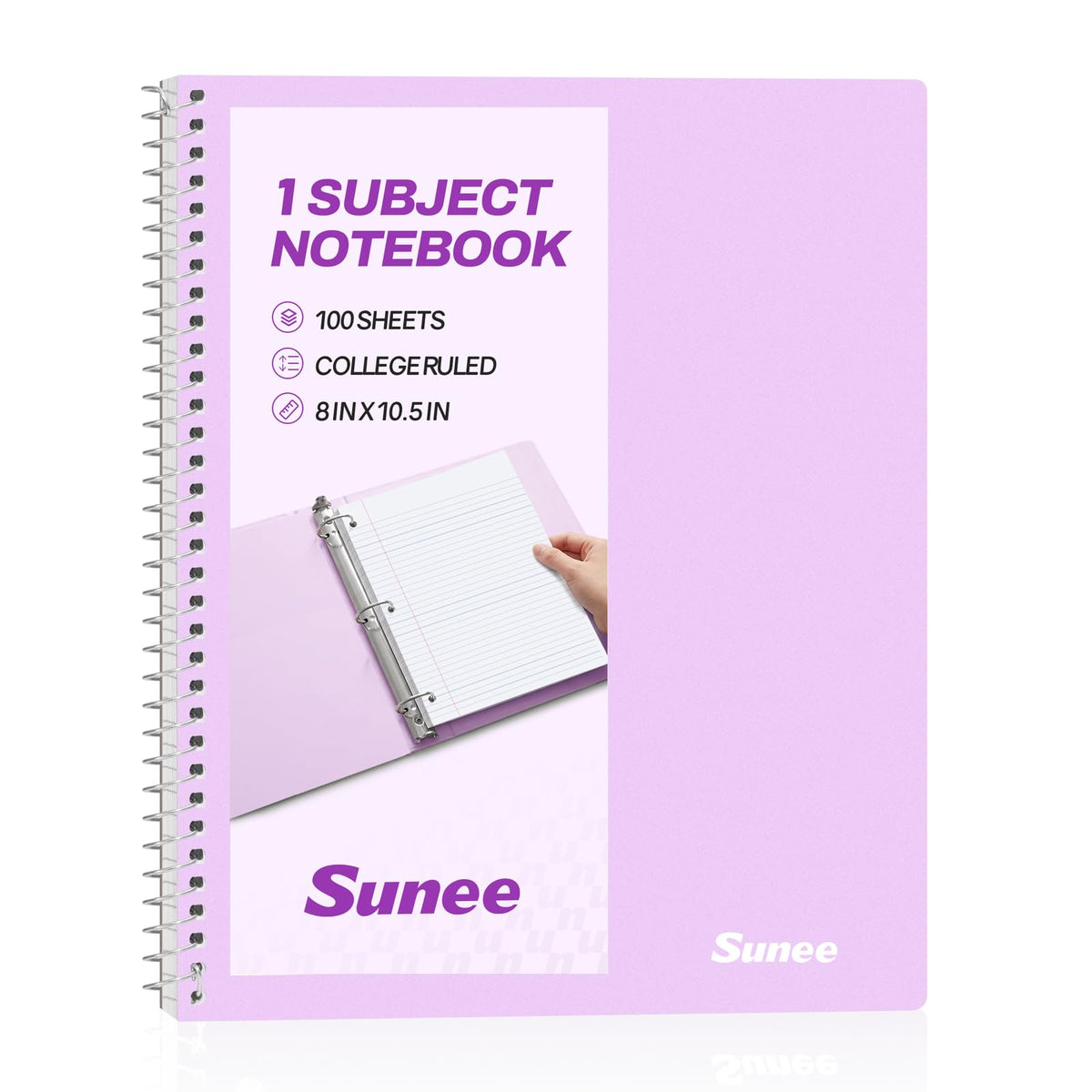 SUNEE Spiral Notebook, 1-Subject, College Ruled Paper, 8" x 10-1/2", 100 Sheets per Notebook, 3-Hole Punched Paper, Water Resistant Cover, Double-sided Pockets, Spiral Lined Notebooks for Work, Pink
