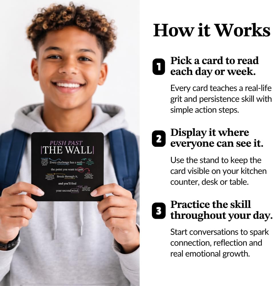 Grit Mindset Cards – 52 Daily Habits for Persistence, Resilience & Confidence – Motivational Mindset Cards for Kids, Teens & Adults – Includes Wooden Display Stand – Gift for Teachers & Coaches