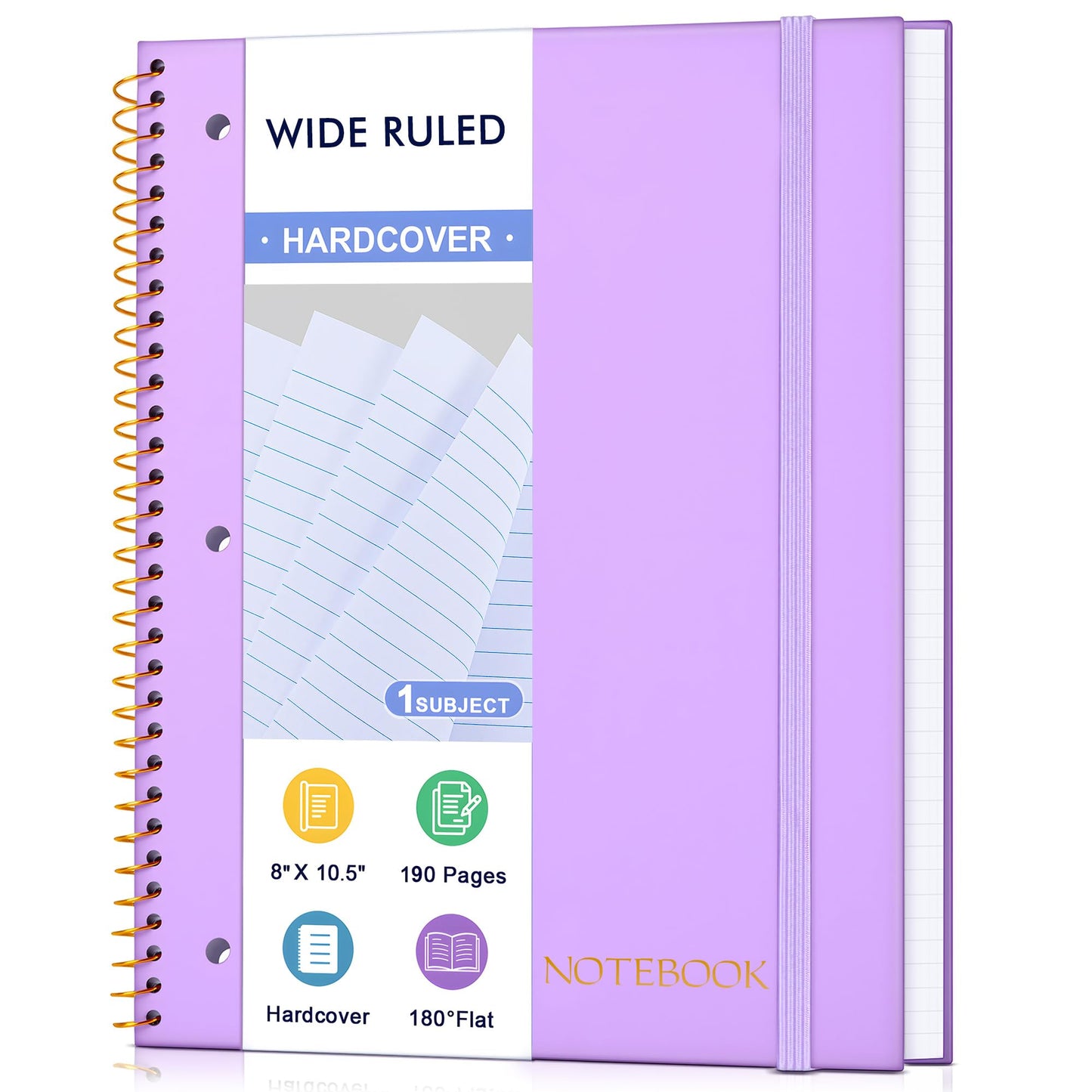 MUAHLIUB Spiral Notebook Wide Ruled Paper 8" x 10 1/2", 1 Subject Spiral Notebook, 3-Hole Punched Perforated Pages Ideal for School, Office, Writing, 95 Sheets Lined Journaling Notebook, Black