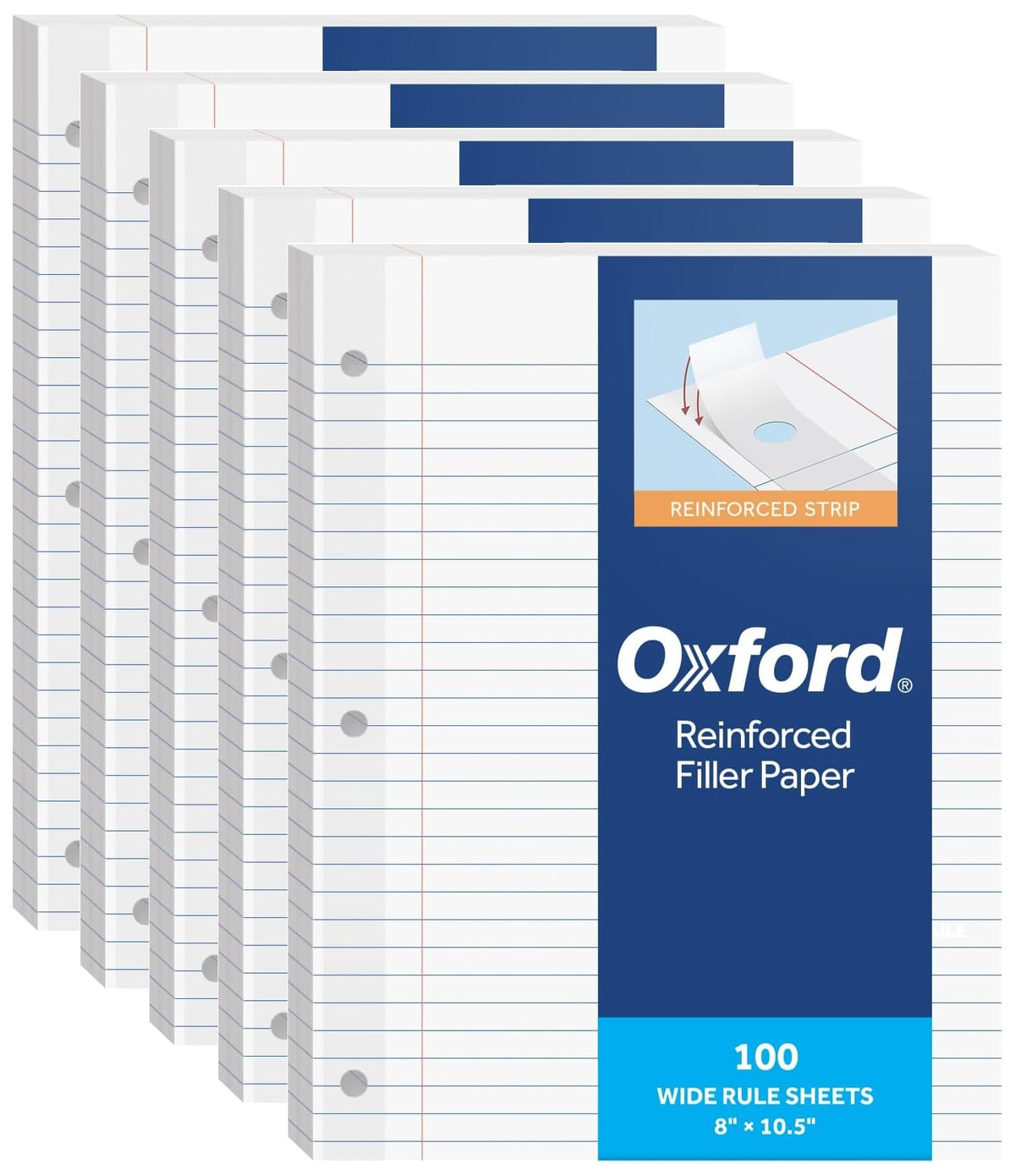 Oxford Reinforced Wide Ruled Loose Leaf Paper, 100 Sheets, 8 x 10.5 Inch | Filler Paper, Reinforced Punch Strip Resists Tearing, Fits 3-Ring Binders and Prong Folders, Smooth Surface for Ink