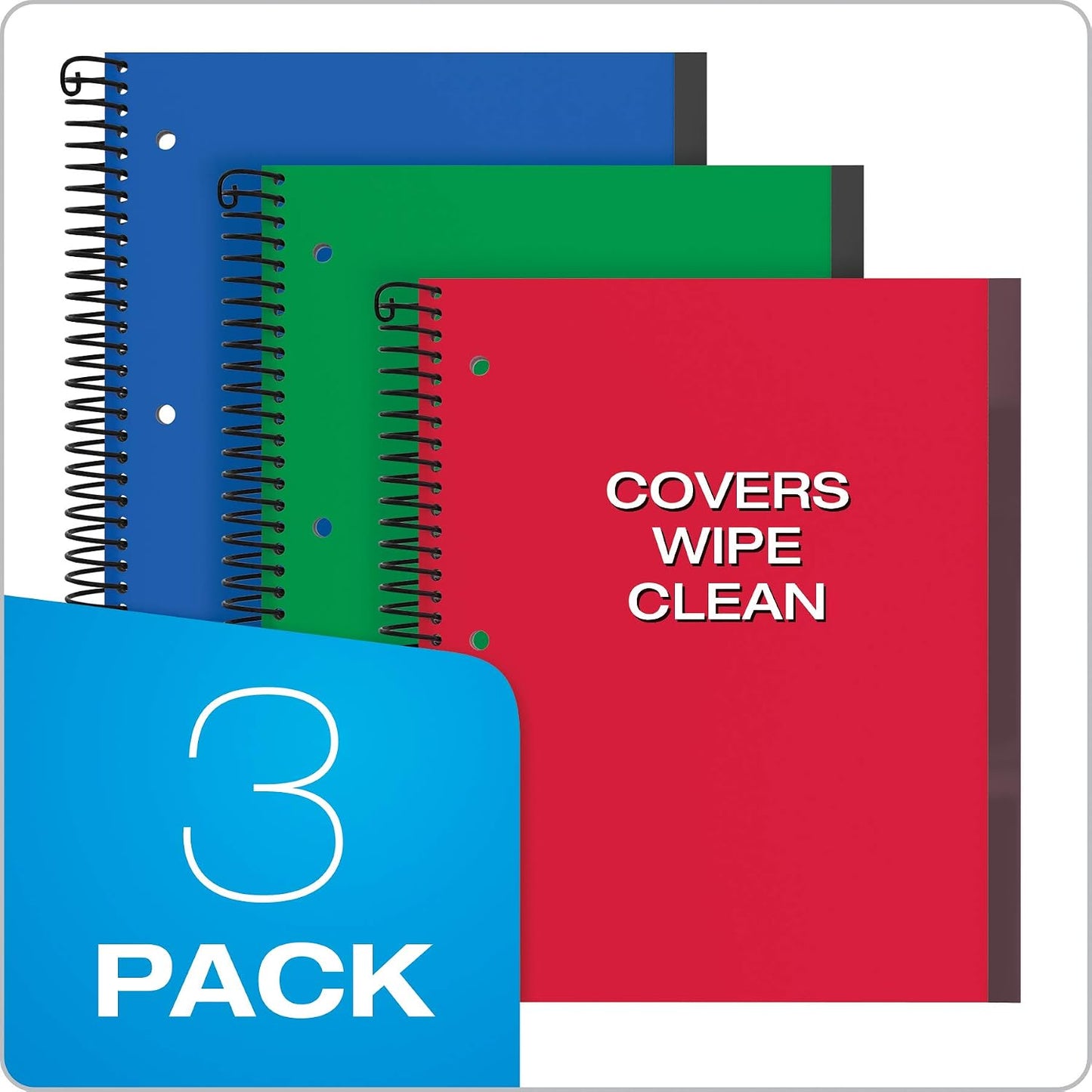 Oxford Spiral Notebook 3 Pack, 1 Subject, Wide Rule Journal, Durable Plastic Covers, 1 Pocket, 8.5 x 11 Inches, 100 Sheets, Red, Green, Blue (89802)