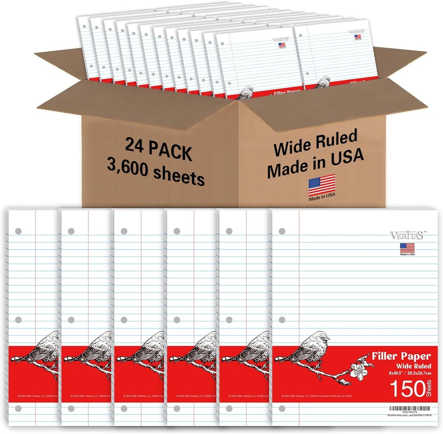WritePads Wide Ruled Loose Leaf Paper 600 Sheets, 4 Pack Bulk Notebook Paper, 8"x10.5" 3 Hole Punched Binder Fitter Paper, Fits Standard 3-Ring Binders, Ink Bleed Resistant, Made in USA