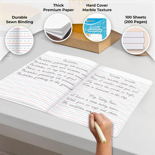 5 Pack Composition Notebooks Primary Ruled, Color Marble Notebooks | Writing Dotted Lined, Grades K-2 Writing Workbook, 200 Pages (100 Sheets), 9-3/4" x 7-1/2", Sewn Binding, Hardcover Notebooks