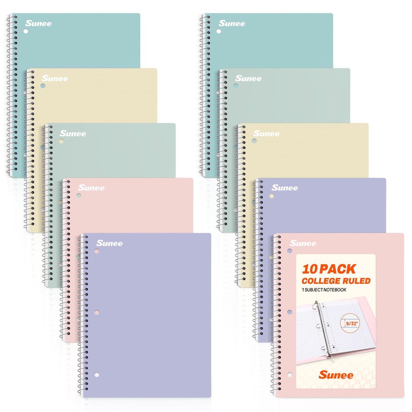 SUNEE Spiral Notebooks, 1-Subject, 5 Pack, College Ruled Paper, 8" x 10-1/2", 70 Sheets per Notebook,3-Hole Punched Paper, Pink,Purple, Blue, Green, Yellow Spiral Lined Notebooks for School,Work