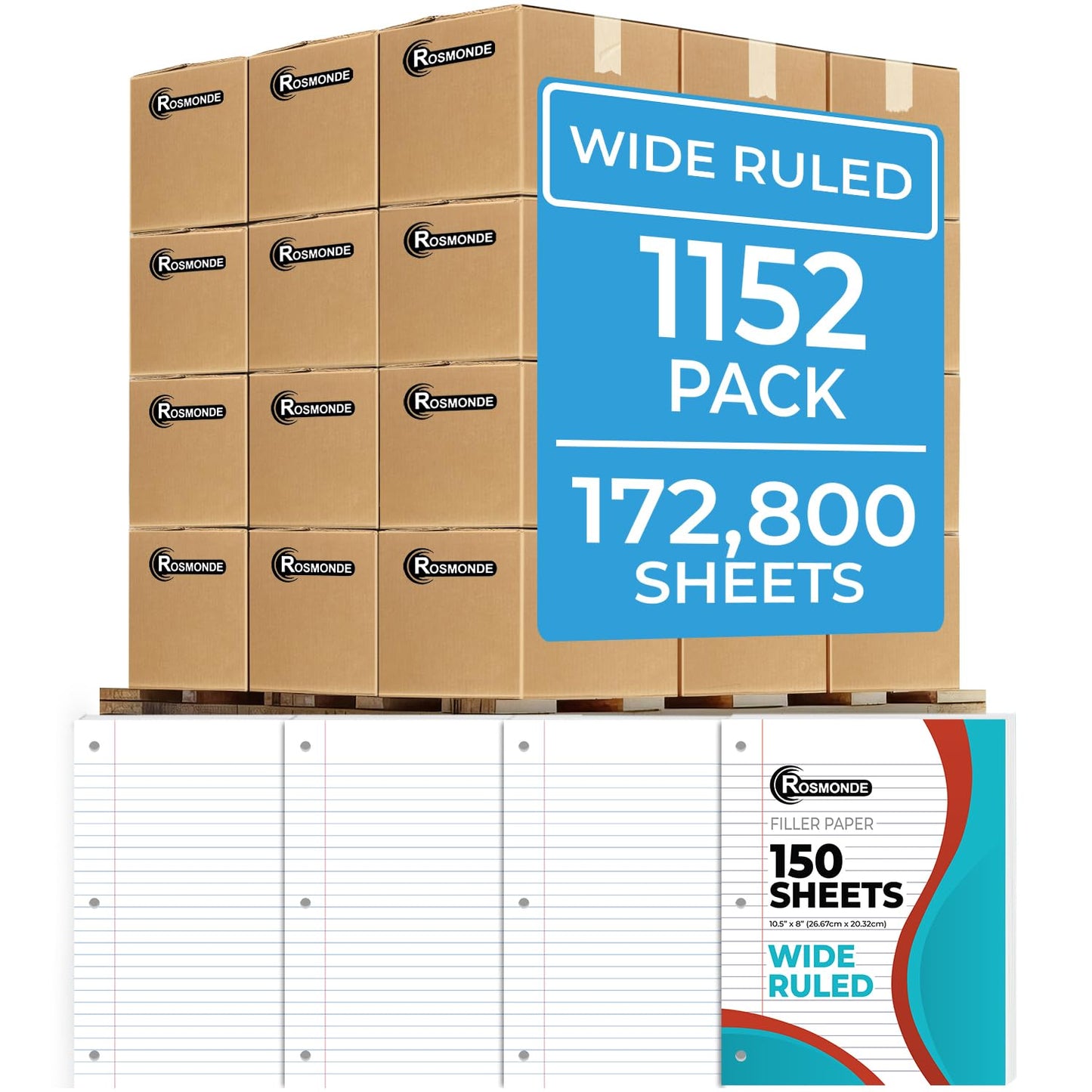 450 Sheets Loose Leaf Paper, 3 Pack, Wide Ruled Filler Paper | Bulk Office Filler Paper, 8" x 10.5", 3 Hole Punched, 150 Sheets/Pack, Wide Ruled Notebook Paper for Binder, White