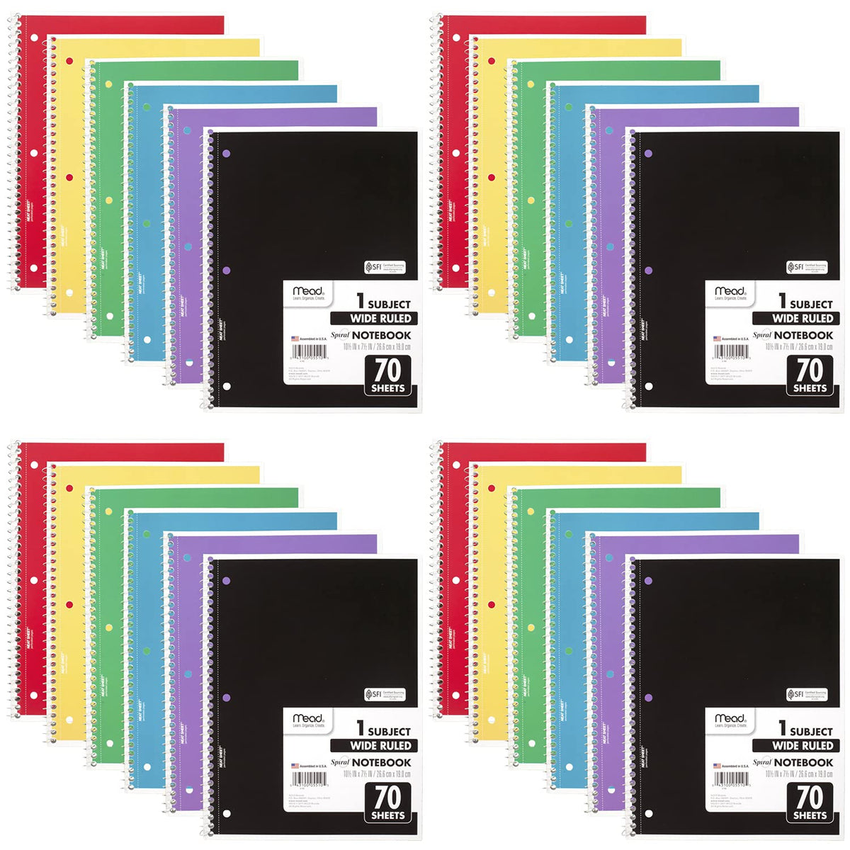 Mead Spiral Notebook, 24 Pack, 1 Subject, Wide Ruled Paper, 7-1/2" x 10-1/2", 70 Sheets per Notebook, Colors Will Vary (930203-ECM25)