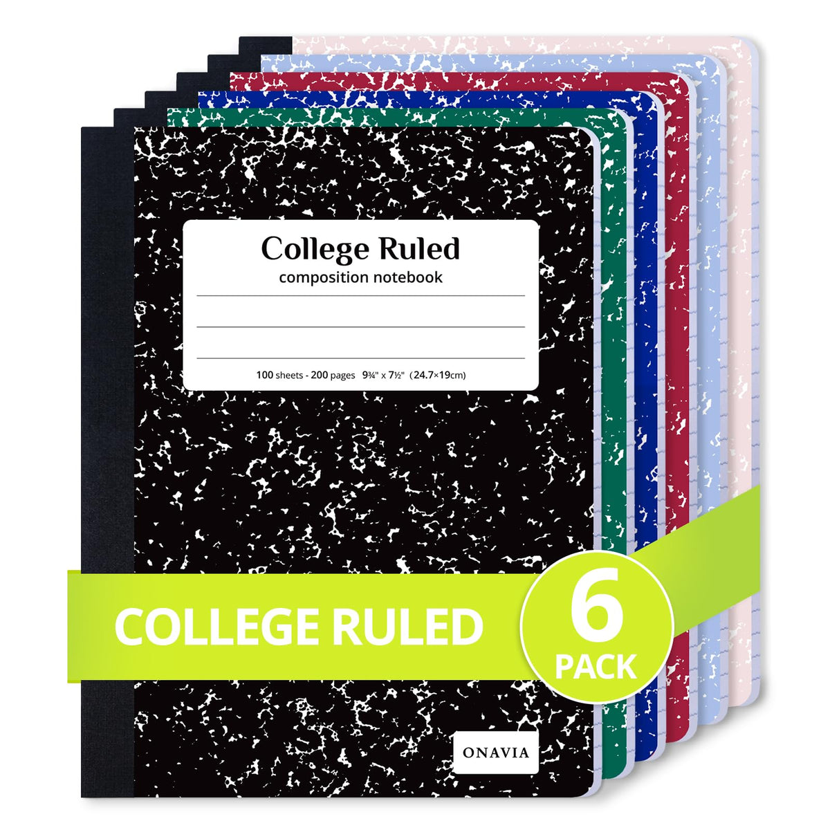 ONAVIA Composition Notebook College Ruled 6 Pack, 200 Pages, Assorted | 100 ct, 9.75 x 7.5 in, Durable Comp Book, School Notebooks, Students, Note Taking, Writing, Teachers