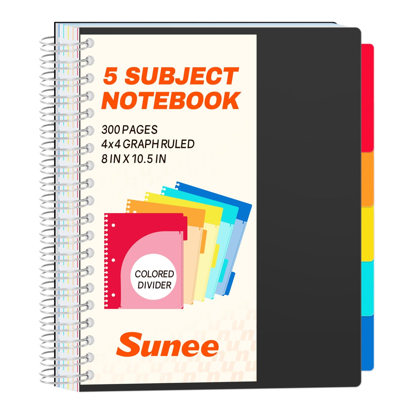 SUNEE Spiral Notebooks for Work with Removable Dividers & Tabs – College Ruled 5 Subject, 300 Pages, 3 Hole Punched, Durable PP Cover, 8"x10.5" – Notebooks for Office or School, Black
