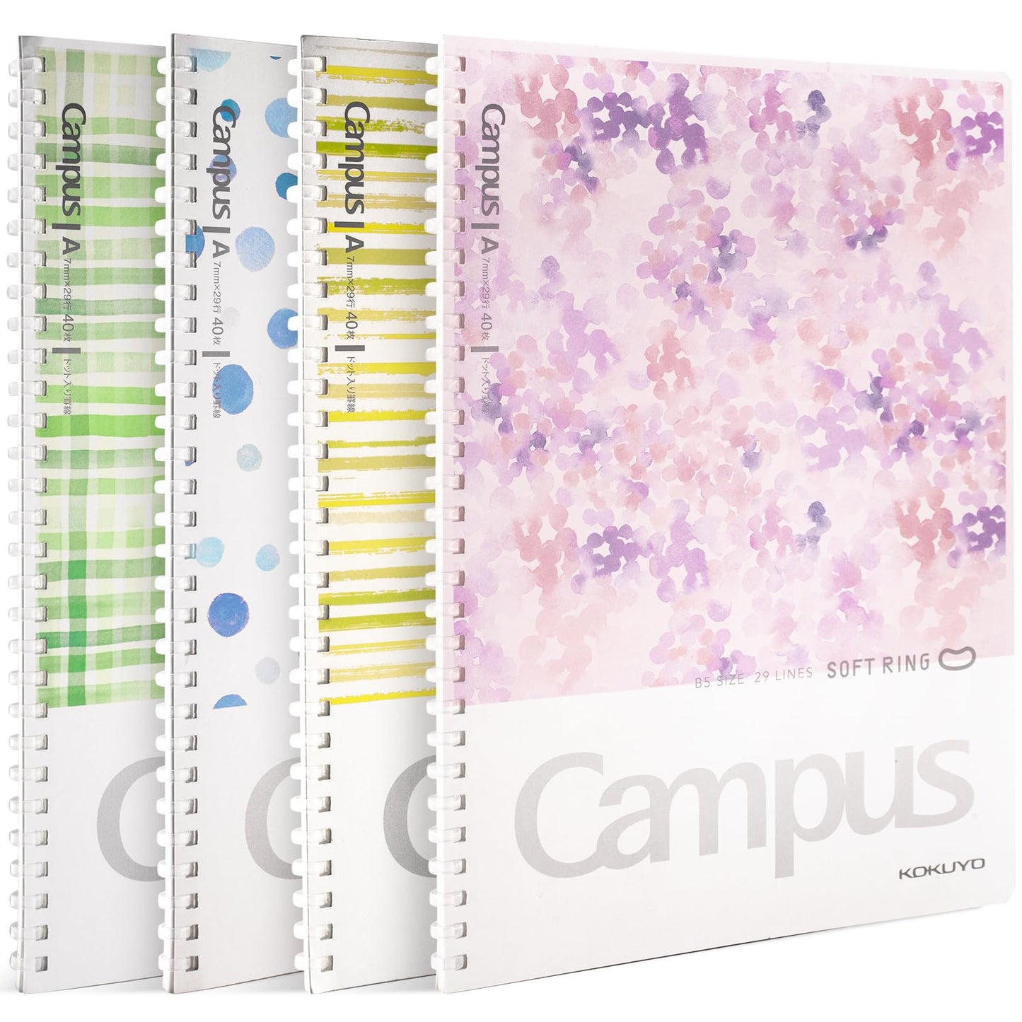 KOKUYO Spiral Notebook Journal, 3 Pack Campus B5 Soft Ring Notebooks with Dotted A 7mm Rule, 40 Sheets, Cute Animal 1 Subject Notebook in Blue Yellow Green, College Office Note Taking. Japan Import