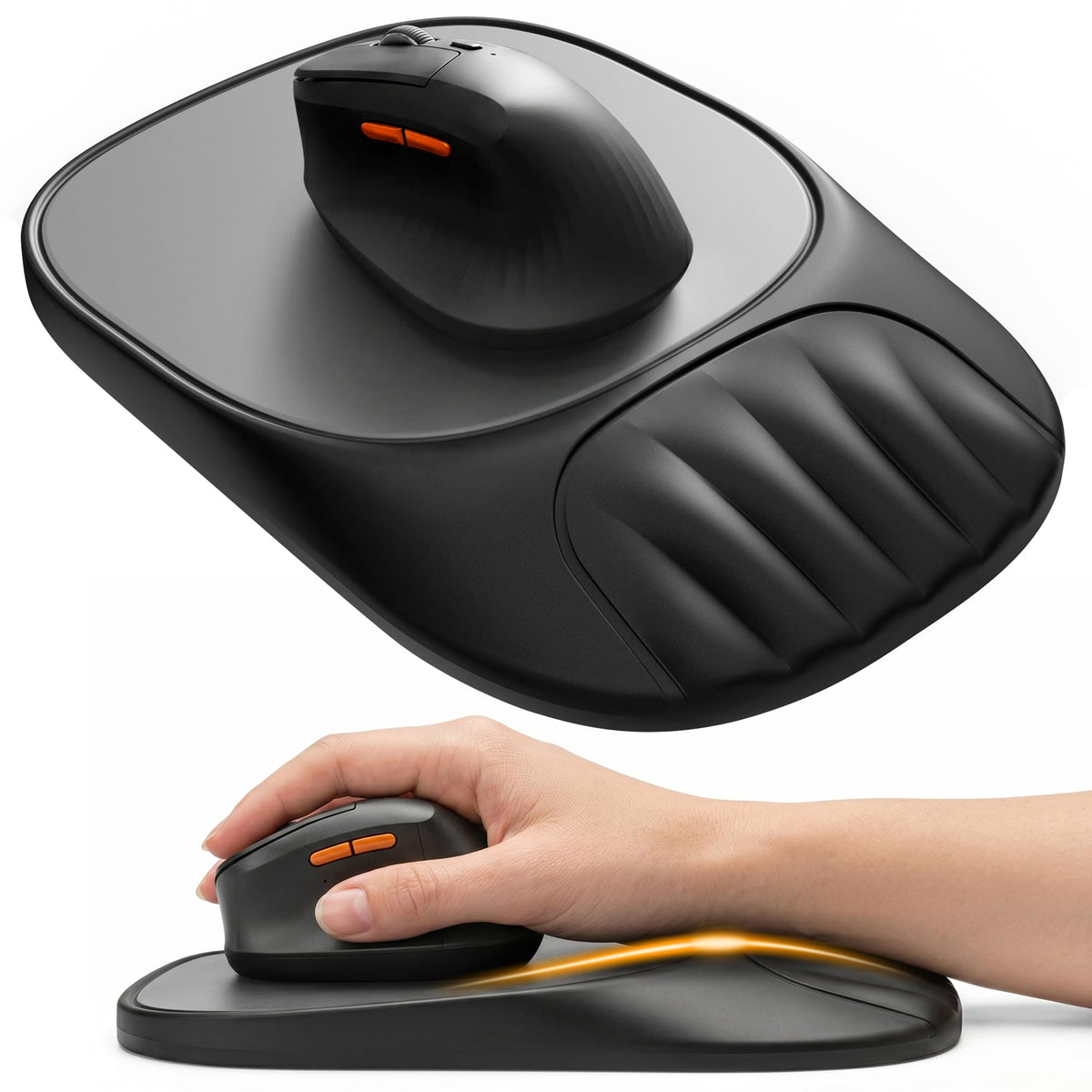 Ergonomic Mouse Pad with Wrist Rest, Sloped Memory Foam Mousepad with Wrist Support, Cooling Channels, Non-Slip Base, Smooth Lycra Surface for Office, Gaming & Home Desk (Black)
