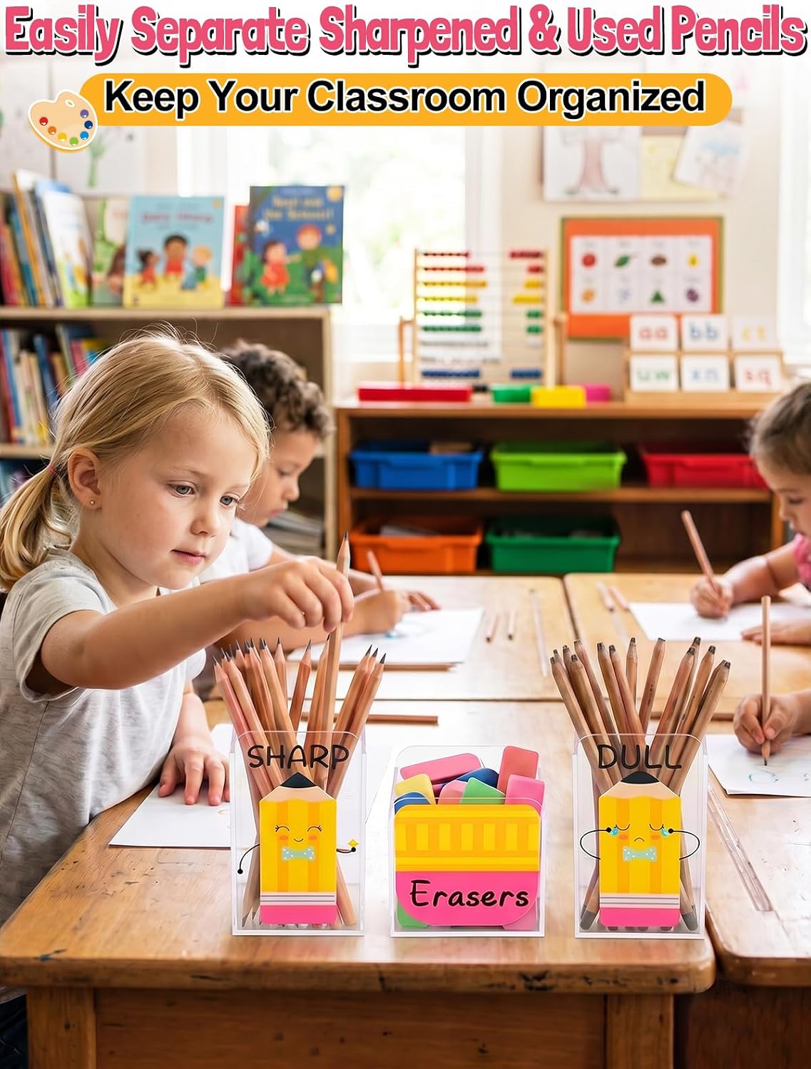 3pcs Acrylic Sharp and Dull Pencil Holder for Classroom, No Assembly Needed | Clear Pencil Dispenser with Eraser Bucket for Elementary School, Teacher Desk Must Haves, Back to School Supplies
