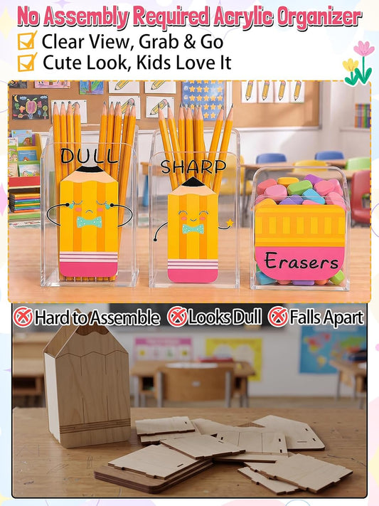 3pcs Acrylic Sharp and Dull Pencil Holder for Classroom, No Assembly Needed | Clear Pencil Dispenser with Eraser Bucket for Elementary School, Teacher Desk Must Haves, Back to School Supplies
