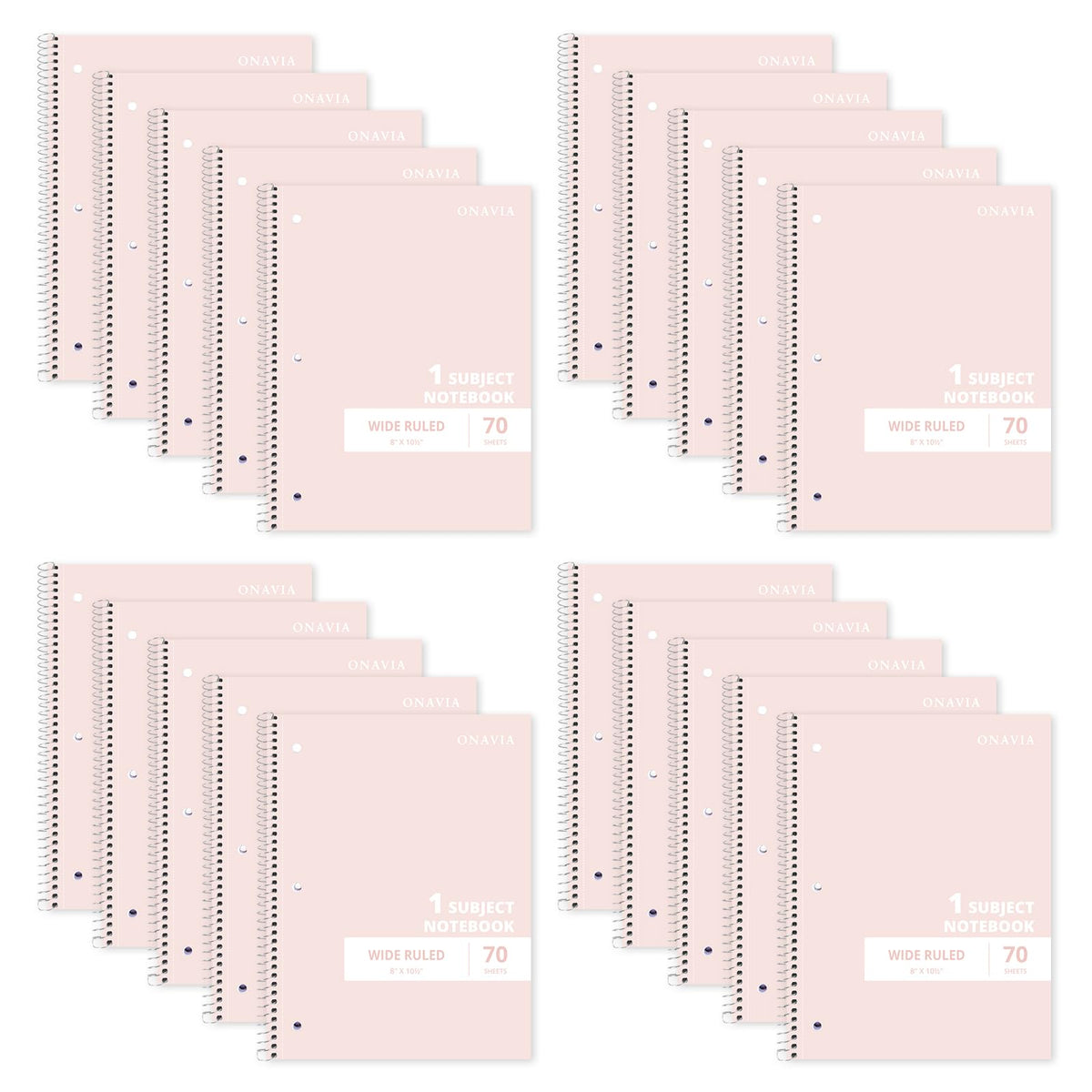 ONAVIA Pink 1 Subject Spiral Notebook Wide Ruled 5 Pack, 140 Pages | 70 Sheets, 7.5 x 10.5 in, 3-Hole Punched, School Notebook, Wide Ruled Paper, Study, Students