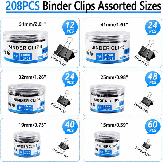 208PCS Binder Clips Assorted Sizes, Paper Clamps 6 Sizes, Office Supplies | Extra Large Medium Small Mini Micro, Meta Blinder Paper Clamps, for Office Supplies, Home, School