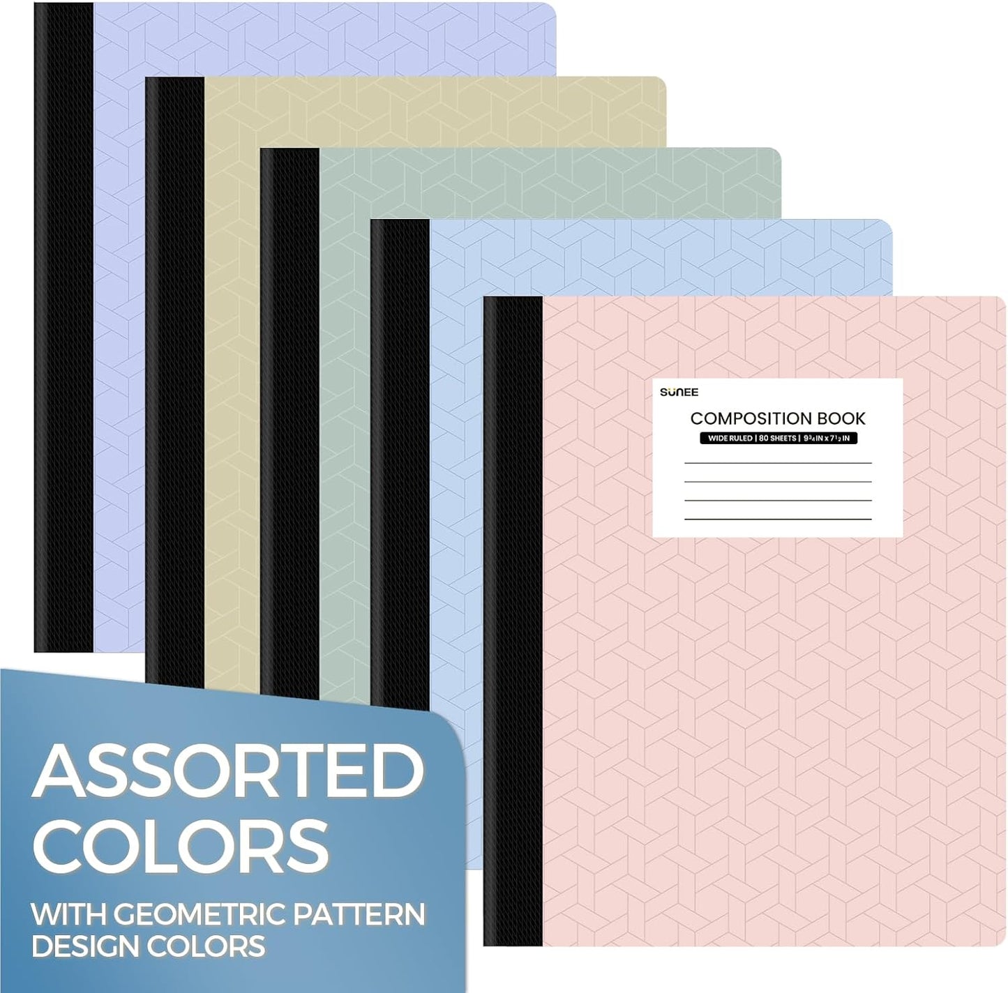 SUNEE Composition Notebook, Wide Ruled Paper, 5 Pack, 9-3/4" x 7-1/2", 80 Sheets/160 Pages, Back to School Supplies, Notebooks for School, Office Supplies (Pink, Purple, Blue, Green, Yellow)