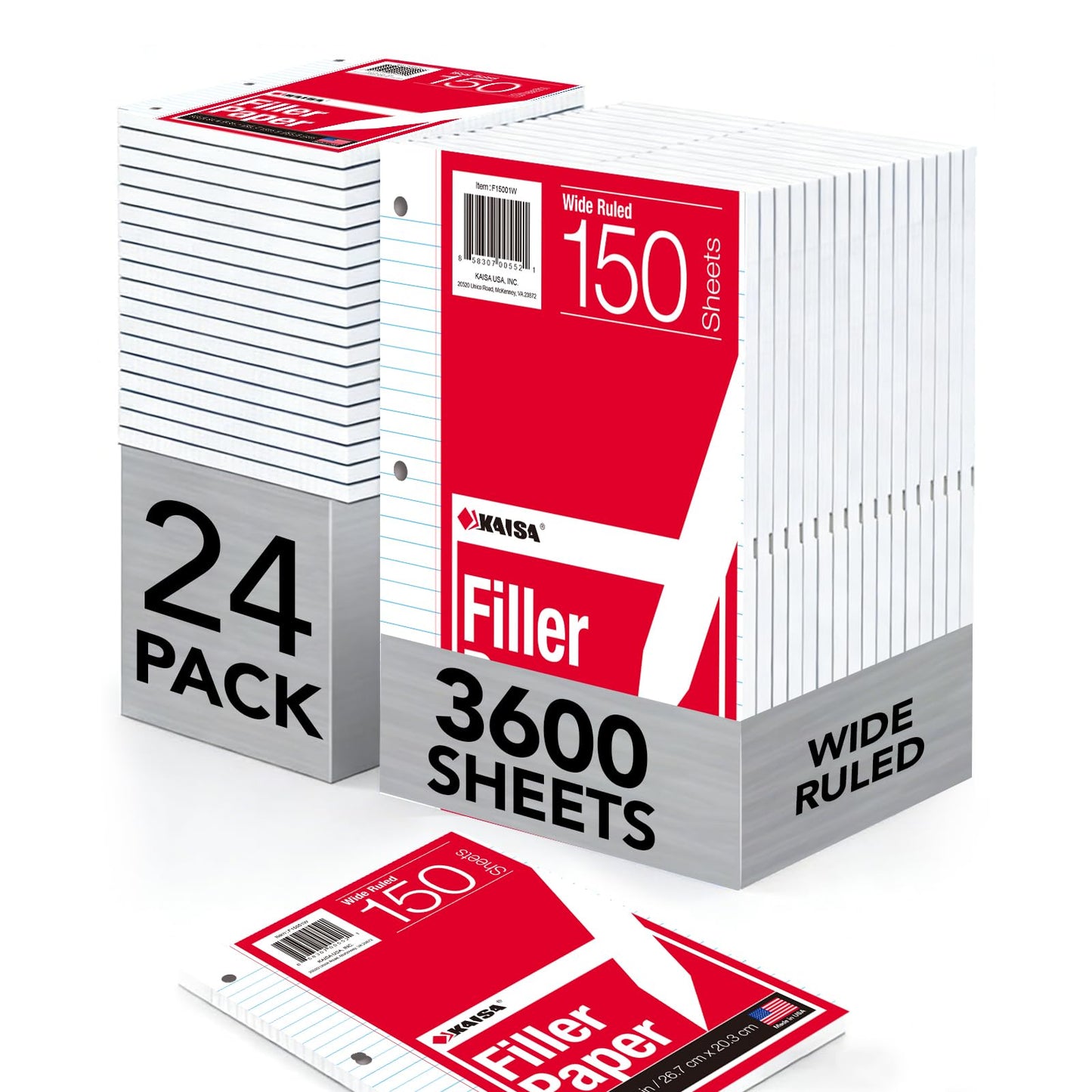 Kaisa Graph Paper Filler Paper USA-Made Bulk Wholesale Available 3 Pack 4x4 Quad Rule 3-Hole Punched Loose Leaf Paper 8x10.5 Filler Paper for 3-Ring Binder, 150 Sheets/Pack