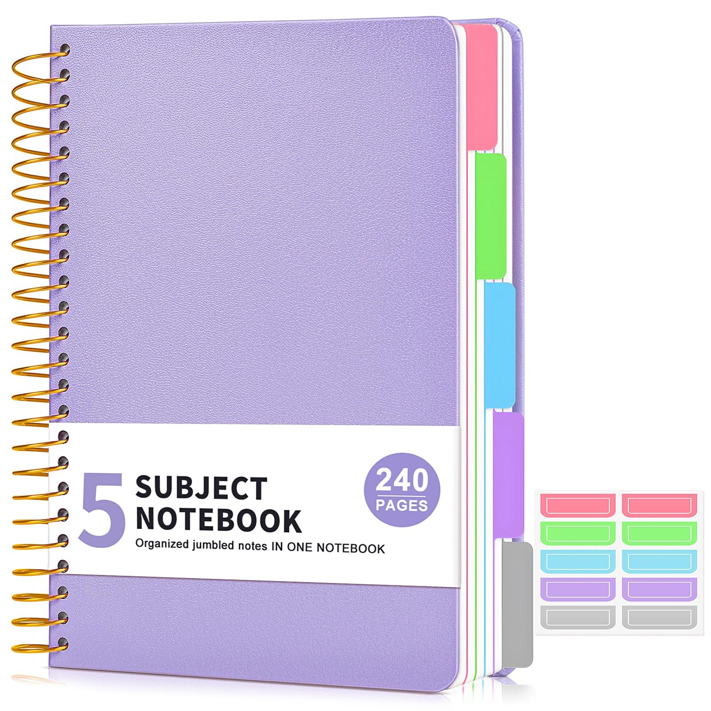 5 Subject Notebook College Ruled 240 Pages, A5(5.8"x8.3") Hardcover Spiral Notebook with Removable Pocket Dividers Tabs, Lined Spiral Journal Notebook for Women, Notebooks for Work School Note taking Pink