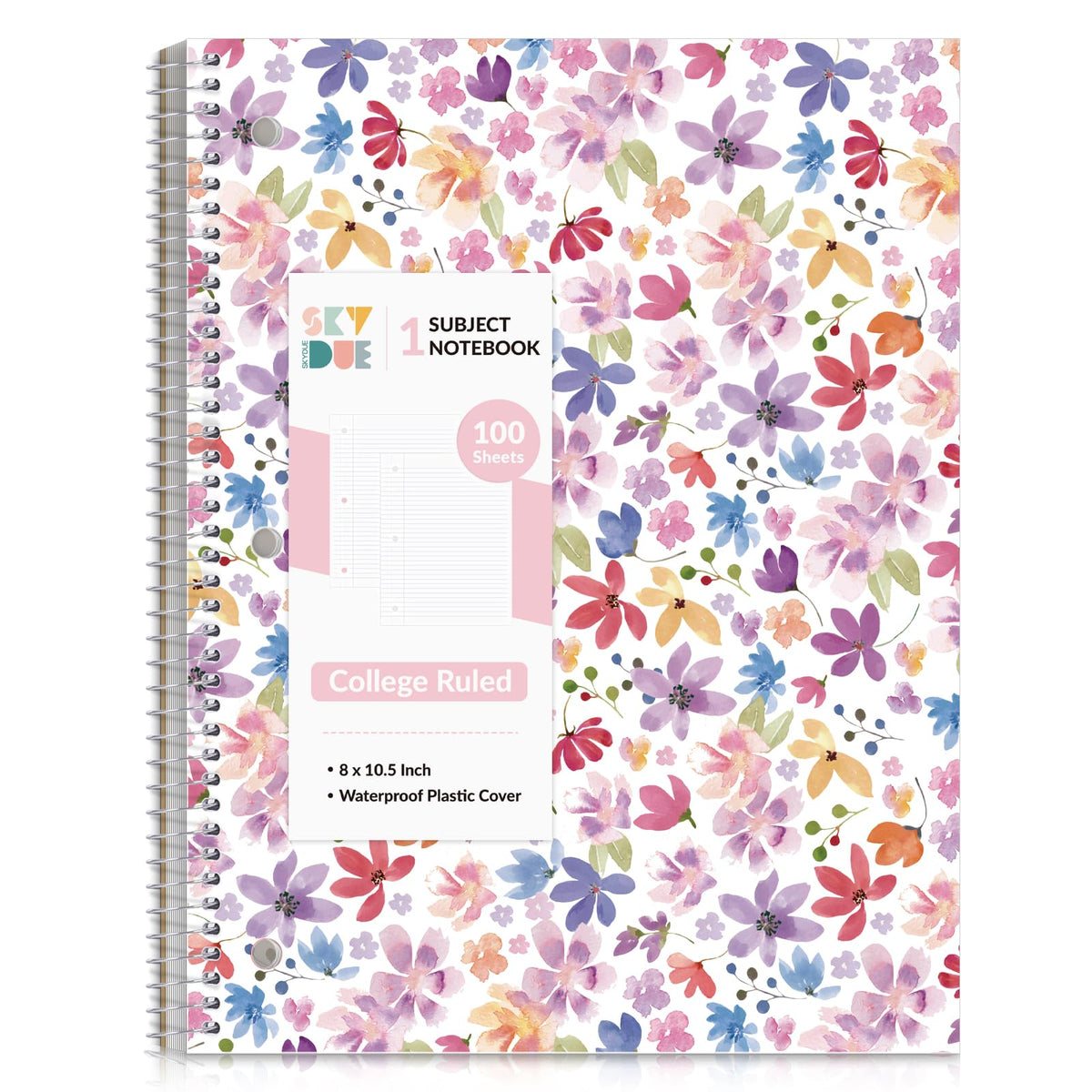 SKYDUE 8"x10.5" Spiral Notebook - College Ruled 100 Sheets, 1 Subject Notebook for School & Office, 3-Hole Punched Paper, Floral Design