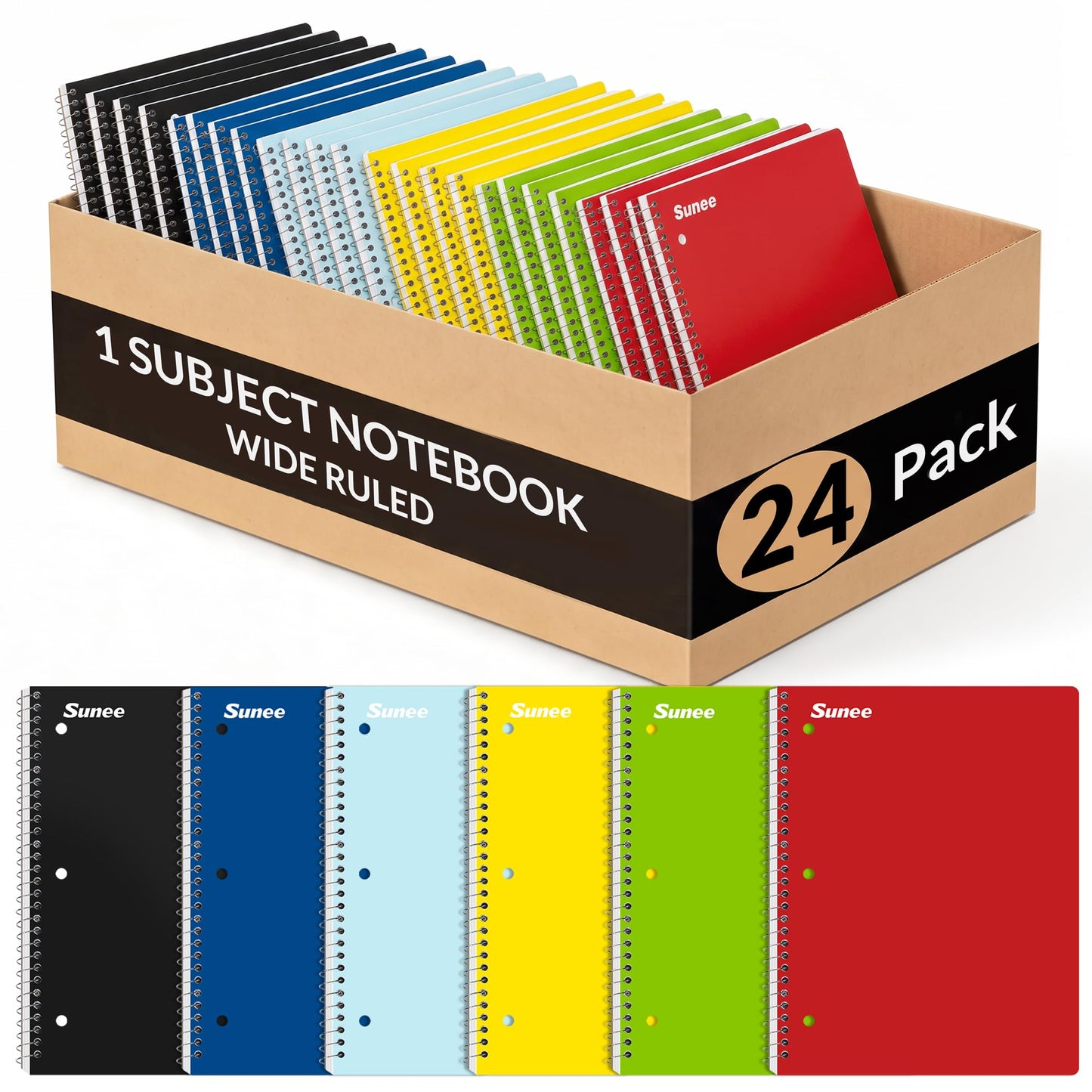 SUNEE Spiral Notebooks, 1-Subject, 5 Pack, Wide Ruled Paper, 8" x 10-1/2", 70 Sheets per Notebook, 3-Hole Punched Paper, Spiral Lined Notebooks for School, Work, Classic Colors