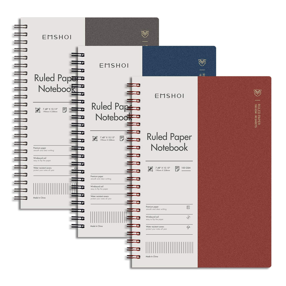 EMSHOI Lined Spiral Journal Notebook, 4 Pack, 640 Pages, A5 (5.7" x 8.2") | College Ruled, 100 GSM Thick Paper, Flexible Plastic Cover, for School, Student, Writing, Journaling, Work, Women & Men