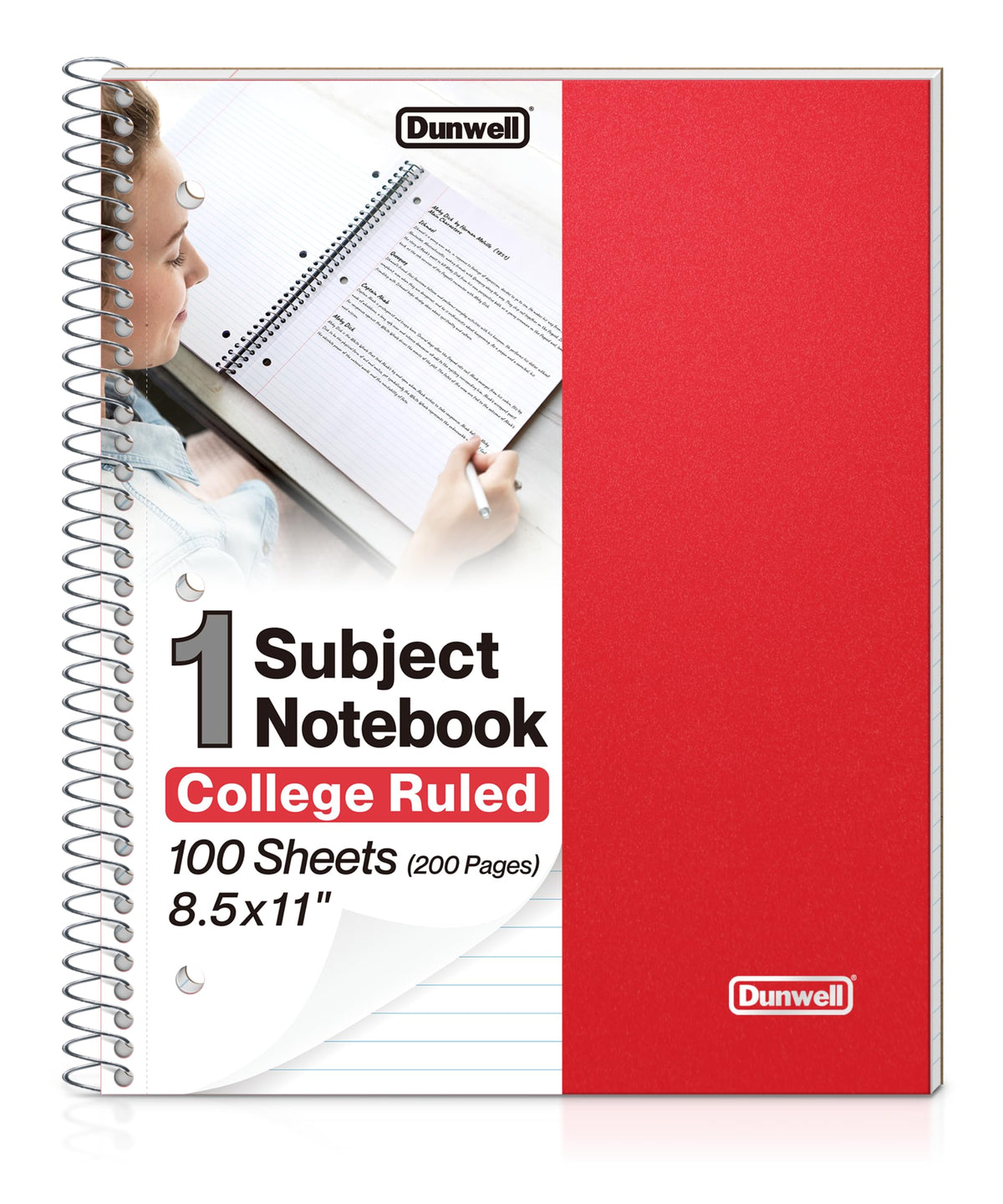 Dunwell 1-Subject College Ruled Spiral Notebook 8.5x11, 100 Sheets, Black | Plastic Cover, Pocket Divider, 3-Hole Punched, Perforated Pages, Fits 8.5x11 Paper