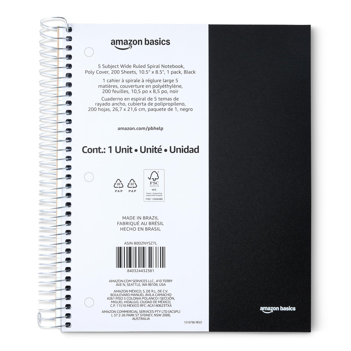 Amazon Basics Wide Ruled Spiral Notebook, Poly Cover, 5 Subject, For Work and School, 200 Sheets, 8.5" x 10.5", Black, 1-Pack