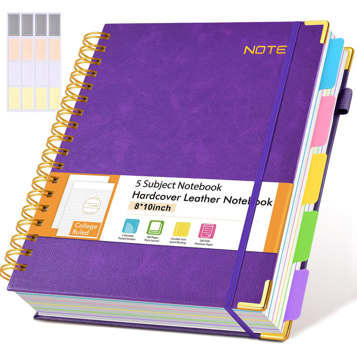 Hardcover Large Spiral Notebook 8.5" x 11" with Removable Dividers Tabs, 300 pages Leather 5 Subject Notebook College Ruled, A4 Journal for Women Men, Notebooks for Work School Note taking,Black