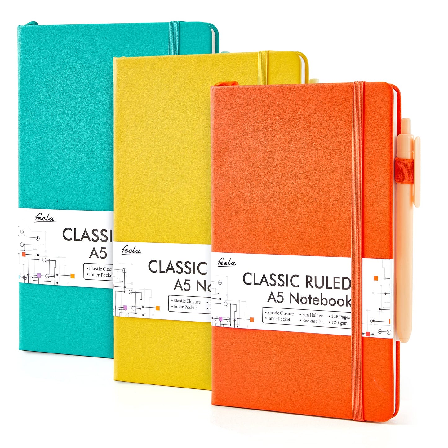 feela 3 Pack Hardcover Notebook For Women, Classic Ruled Lined Journal Set School Business Supplies, with 3 Black Pens, 120 GSM, 5.1”x8.3”, A5, Pastel Colors, Light Blue, Light Purple, Light Green
