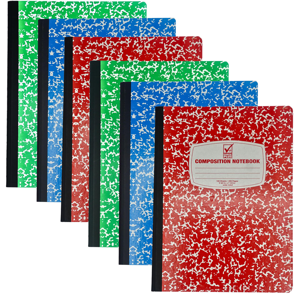 4E's Novelty Wide Ruled Composition Notebooks - Pack of 3-100 Sheets 9.75" x 7.5" - Hard Cover Red Blue Green Cute Marble Colors, Bulk Compositon Book Wide Ruling, Back to School Supplies