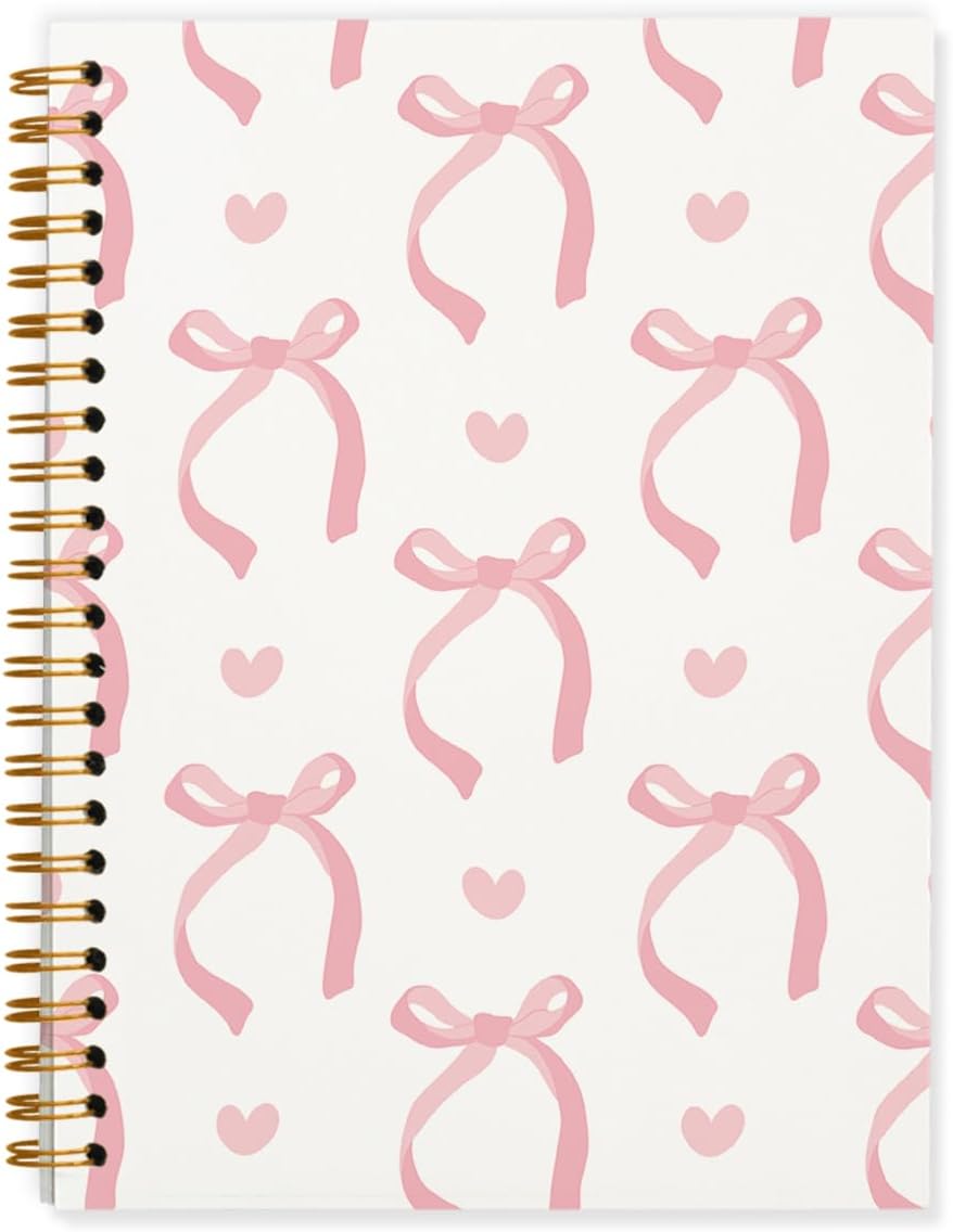 QUICQOD Cute Pink Bow Spiral Notebook Journal for Teen Girls, 5.5x8.3 Inch | Coquette Pink School Supplies for Girls, Preppy Hardcover Journal for Women, Lined Notebook for Note Taking Daily Writing