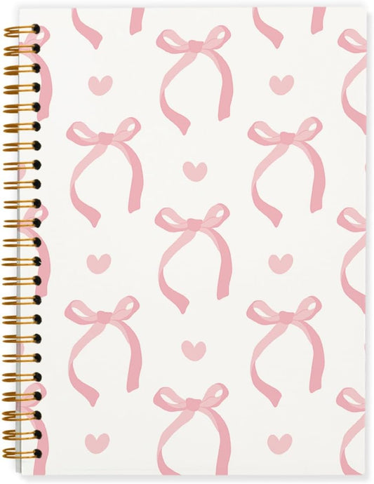 QUICQOD Cute Pink Bow Spiral Notebook Journal for Teen Girls, 5.5x8.3 Inch | Coquette Pink School Supplies for Girls, Preppy Hardcover Journal for Women, Lined Notebook for Note Taking Daily Writing