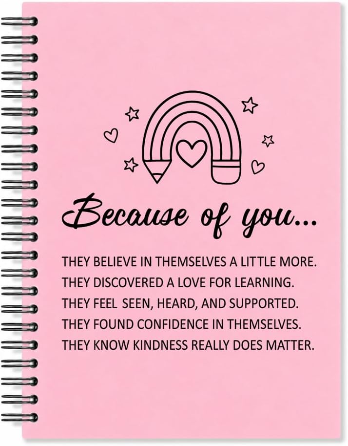 Because of You Pink Spiral Notebook, Teacher Appreciation Journal | Because of You Pink Spiral Notebook, Teacher Appreciation Journal, Thank You Gifts for Teacher, Tutor, School Counselor
