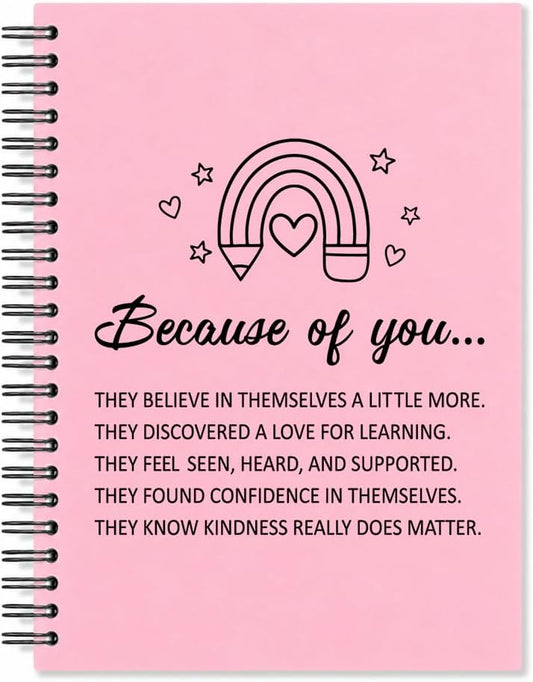 Because of You Pink Spiral Notebook, Teacher Appreciation Journal | Because of You Pink Spiral Notebook, Teacher Appreciation Journal, Thank You Gifts for Teacher, Tutor, School Counselor