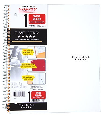 Five Star Spiral Notebook + Study App, 1 Subject, Wide Ruled Paper, 8" x 10.5", 100 Sheets, Fights Ink Bleed, Water Resistant Cover, Vivid Yellow (930010CJ1)