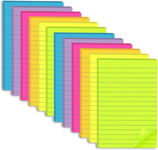 (12 Pack) Lined Sticky Notes 4x6 in,Bright Large Notepads with Lines | Ruled Stickies Super Sticking Power,Office School Memo Note Pads,Post on Windows Doors,Recyclable,Easy to Write on