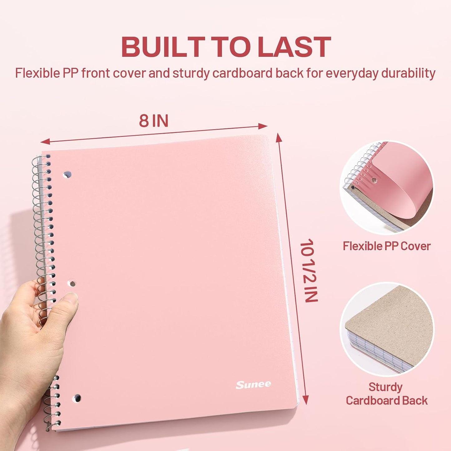 SUNEE Spiral Notebook, 1-Subject, College Ruled Paper, 8" x 10-1/2", 100 Sheets per Notebook, 3-Hole Punched Paper, Water Resistant Cover, Double-sided Pockets, Spiral Lined Notebooks for Work, Pink