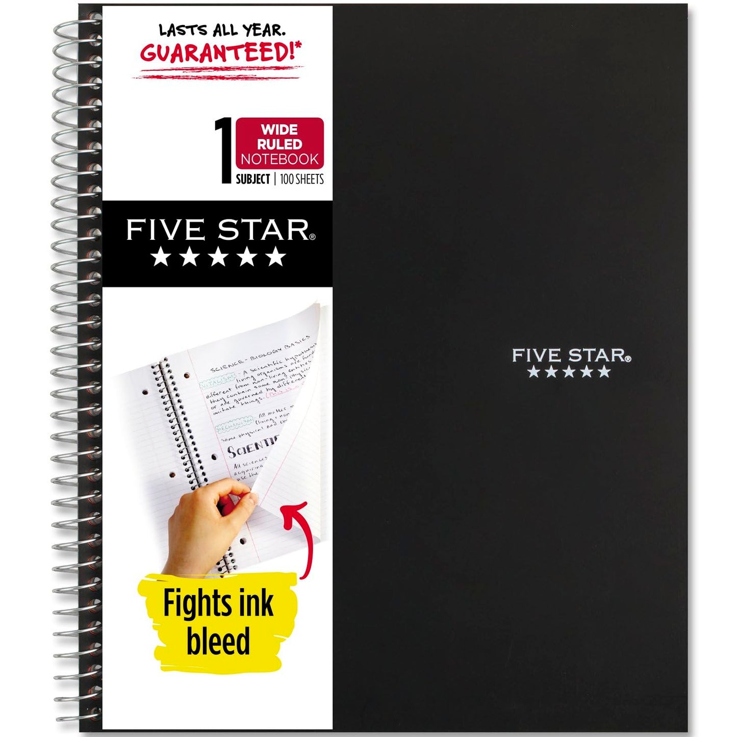 Five Star Spiral Notebook + Study App, 1 Subject, Wide Ruled Paper, 8" x 10.5", 100 Sheets, Fights Ink Bleed, Water Resistant Cover, Vivid Yellow (930010CJ1)