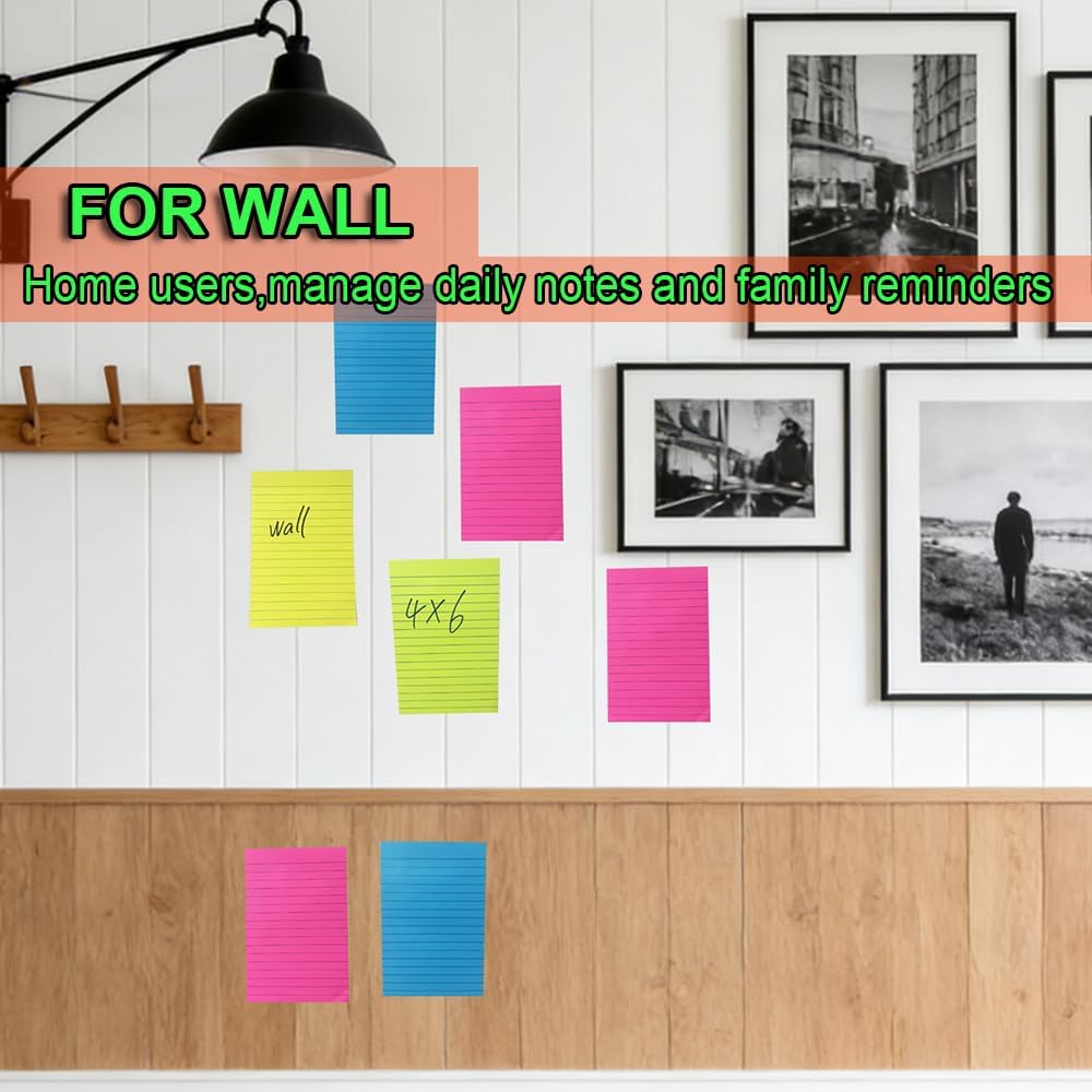 (12 Pack) Lined Sticky Notes 4x6 in,Bright Large Notepads with Lines | Ruled Stickies Super Sticking Power,Office School Memo Note Pads,Post on Windows Doors,Recyclable,Easy to Write on