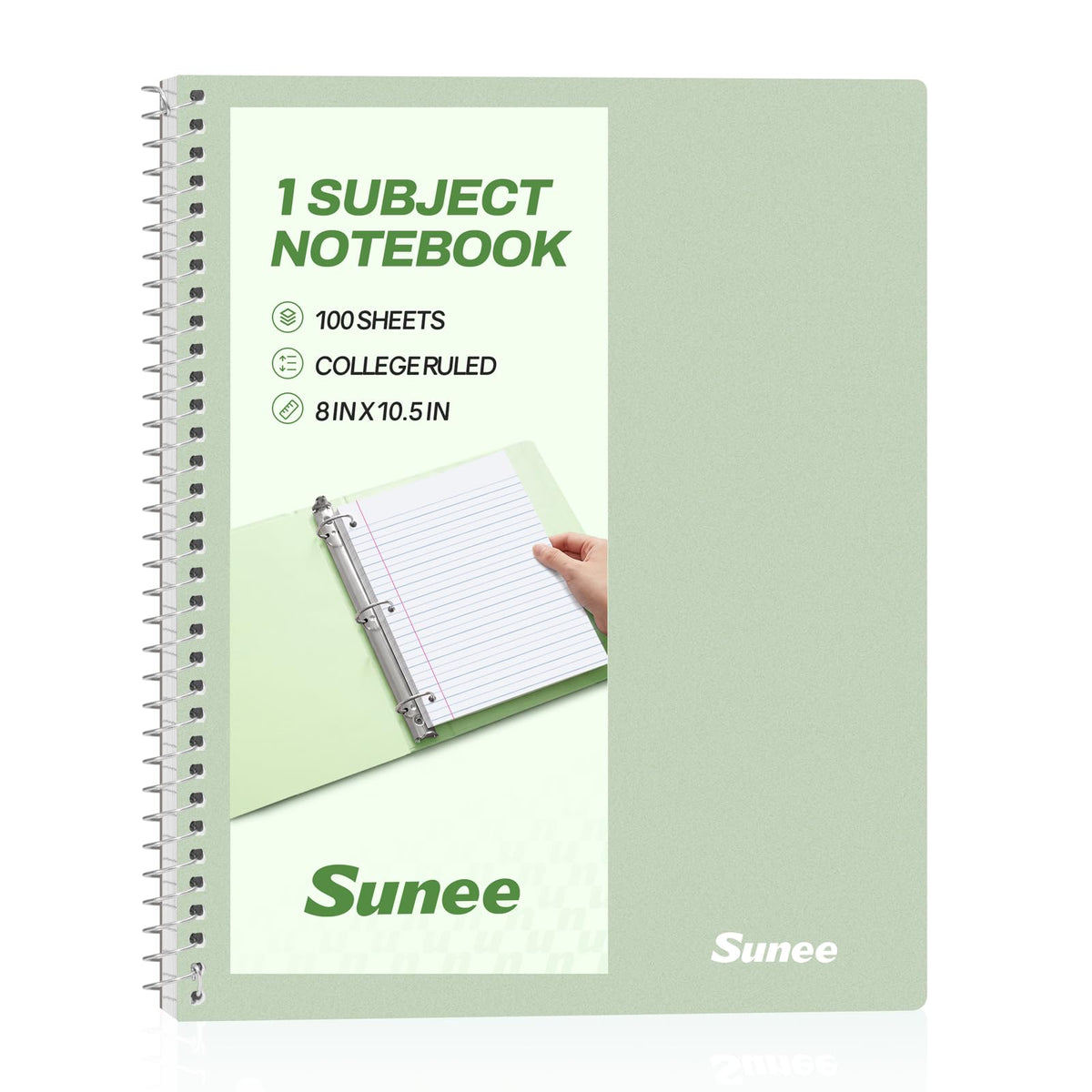 SUNEE Spiral Notebook, 1-Subject, College Ruled Paper, 8" x 10-1/2", 100 Sheets per Notebook, 3-Hole Punched Paper, Water Resistant Cover, Double-sided Pockets, Spiral Lined Notebooks for Work, Pink