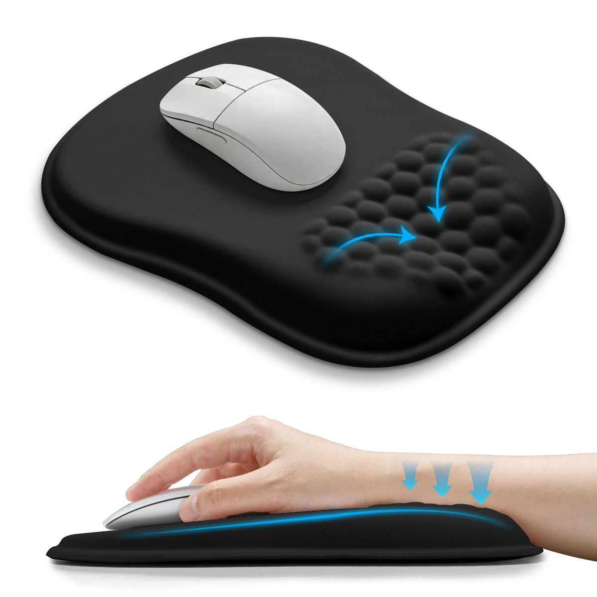 Hokafenle Ergonomic Wrist-hugging Mouse Pad Wrist Support, U-shaped Holding Wrist Rest Mousepad for Carpal Tunnel Pain Relief with Cushioned Memory Foam Slope Massage Bulge (Classic 10.2x8.3 in,Black)