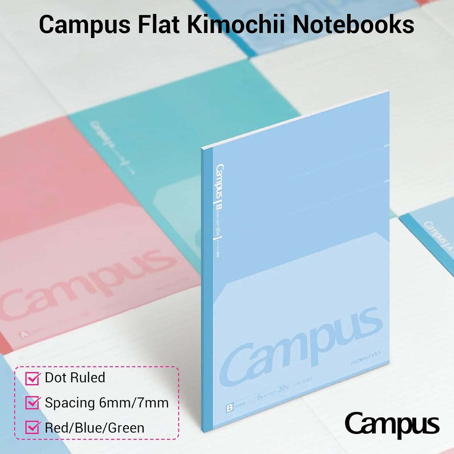 KOKUYO Composition Notebooks, 7" x 10" Kimochii Lined Notebook, 30 Sheets 6mm Dot Ruled Paper, 3 Pack B5 Notebook for School, School Supplies Comp Book for Note Taking, Green Pink Blue