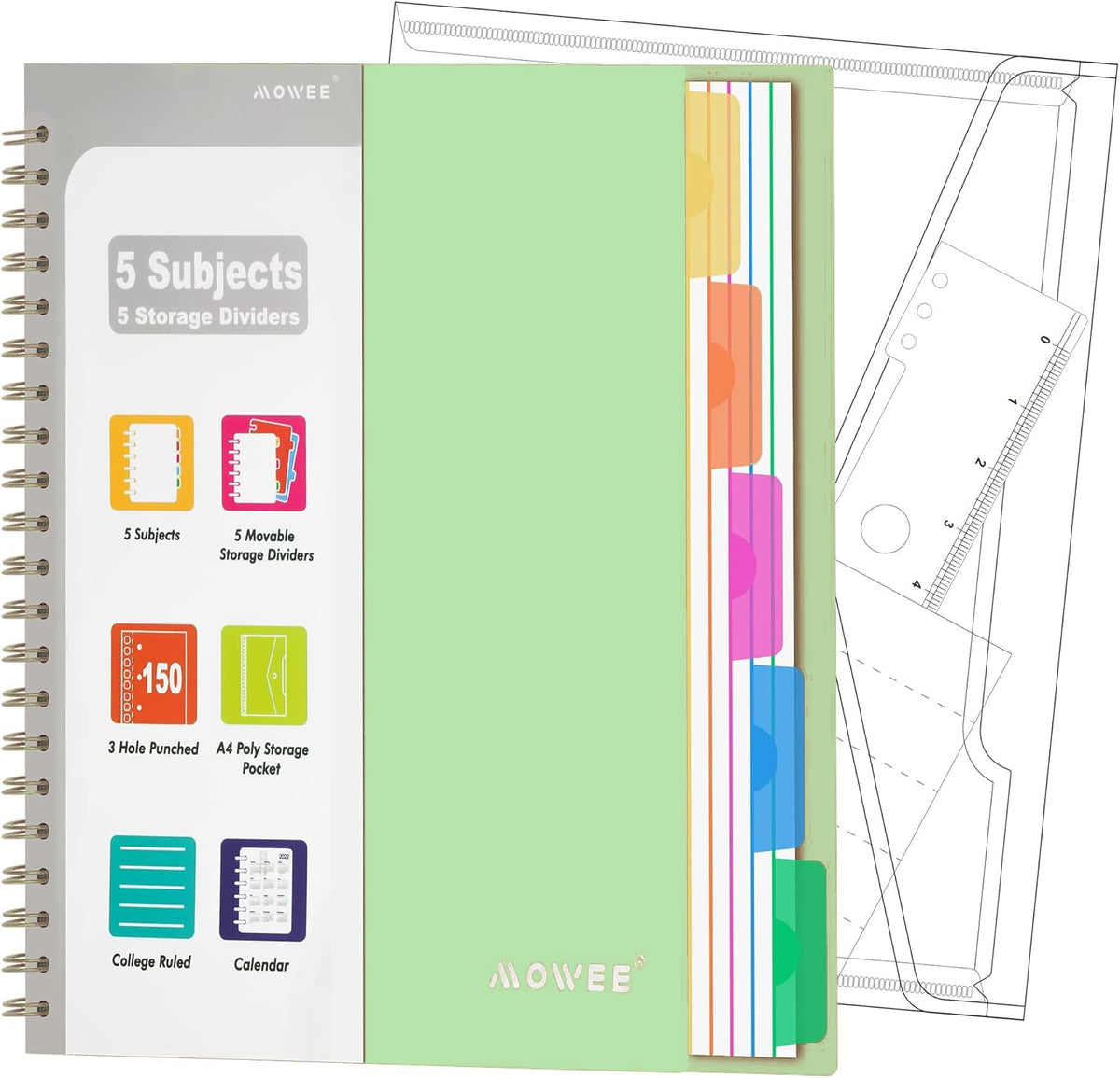 Spiral Notebook - 5 Subject Notebook, College Ruled Notebook With Dividers Pocket, Tabs Label, 11" Ruler, 200 Pages, for Writing Journal, Home & Office, School Supplies, 8.5''x11''Black | 200 Pages, 11" Ruler, 8.5"x11" Black, Pocket Dividers with Tab Labe
