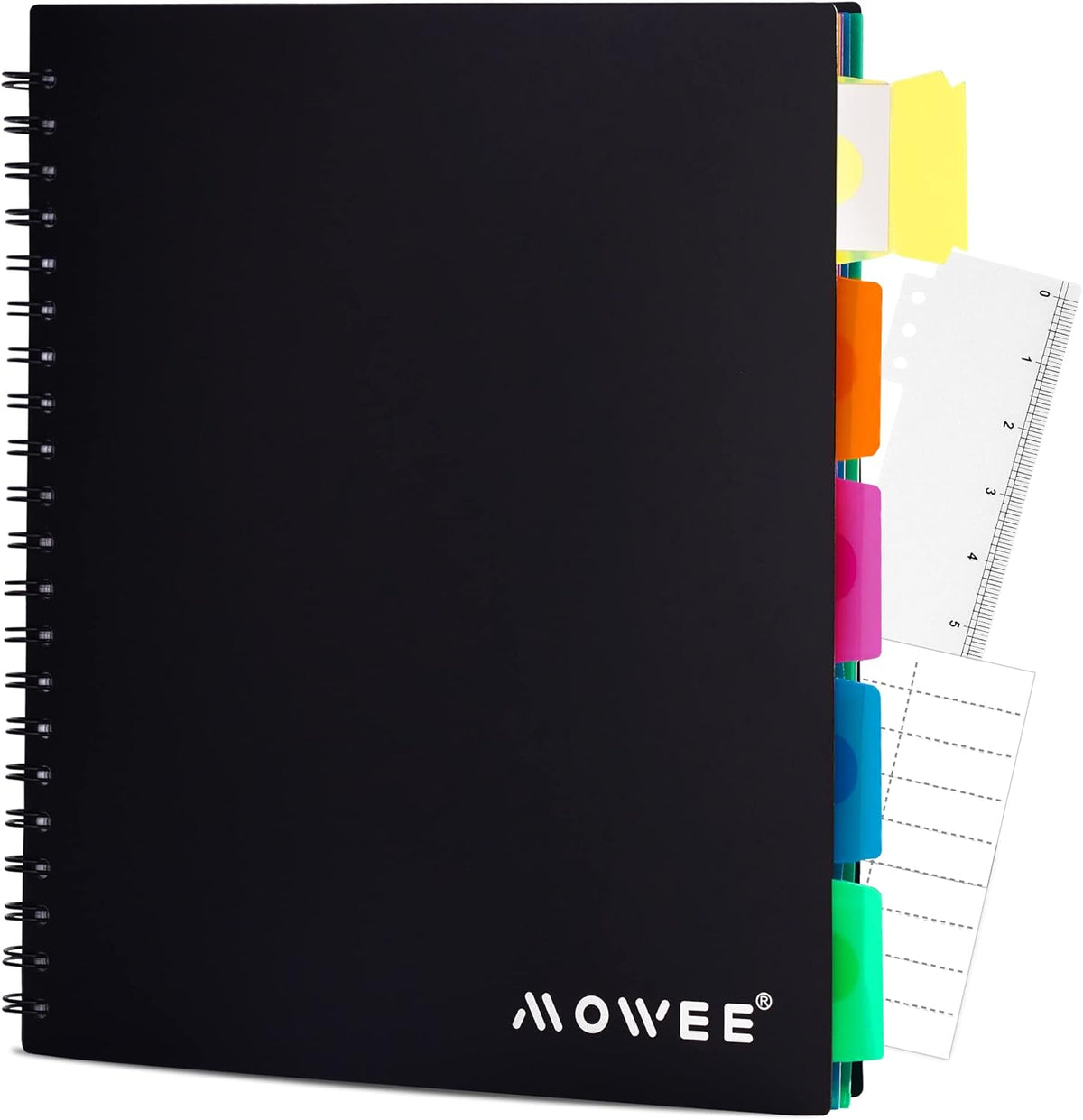 Spiral Notebook - 5 Subject Notebook, College Ruled Notebook With Dividers Pocket, Tabs Label, 11" Ruler, 200 Pages, for Writing Journal, Home & Office, School Supplies, 8.5''x11''Black | 200 Pages, 11" Ruler, 8.5"x11" Black, Pocket Dividers with Tab Labe