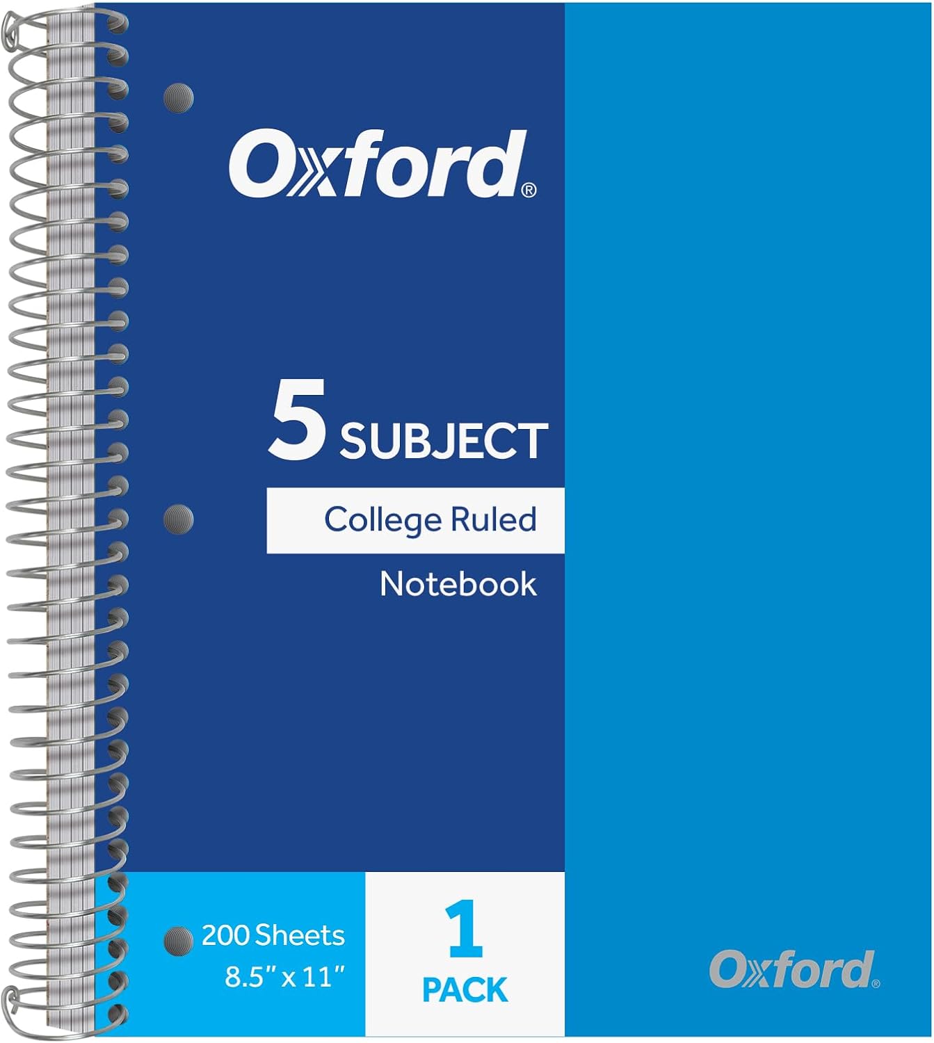 Oxford 5 Subject Spiral Notebook, Notebooks for School, Plastic Covers, Back to School Supplies, College Ruled, 200 Sheets, 1 Pack, Bright Blue (1009294)