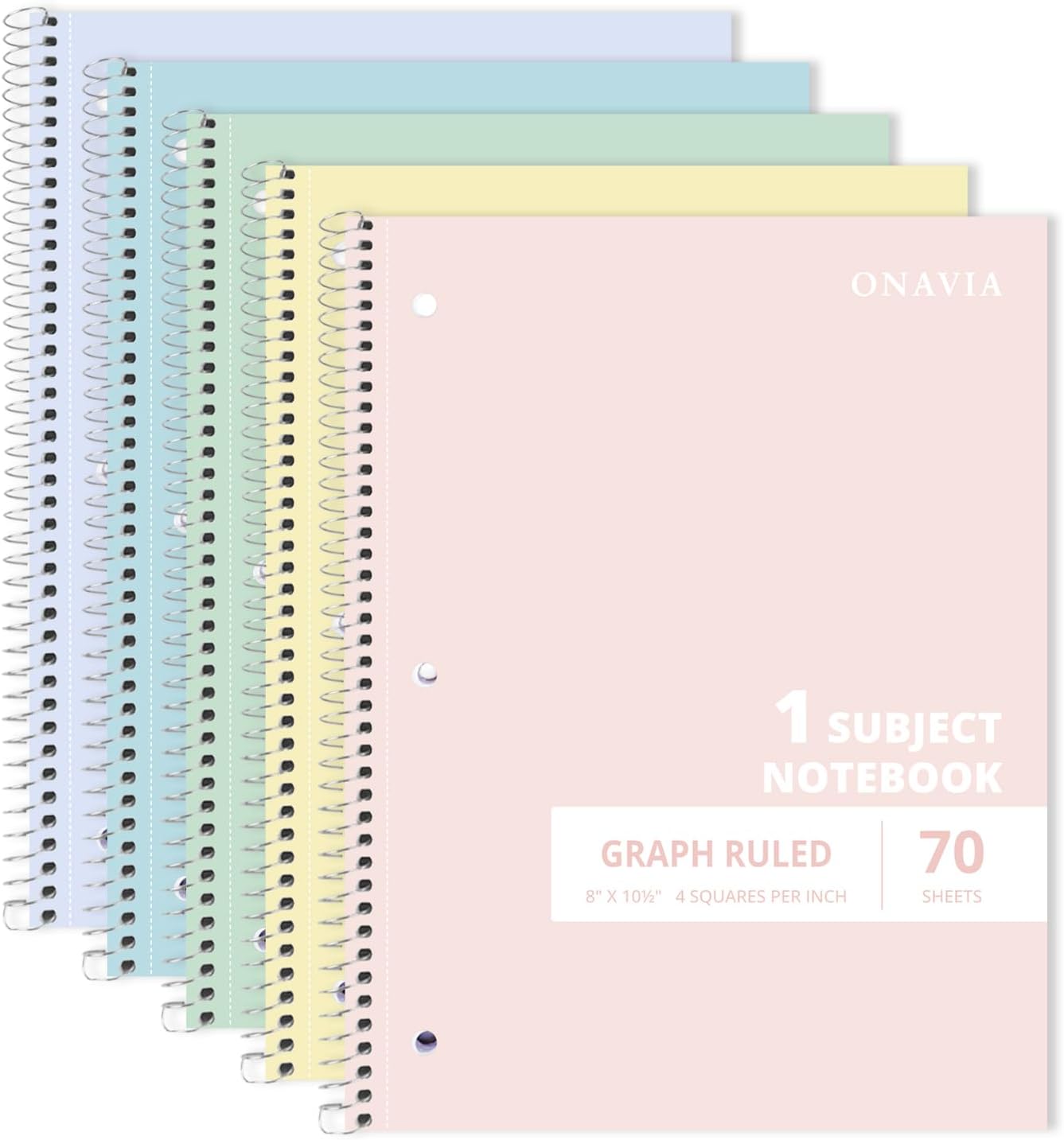 ONAVIA 1 Subject Graph Paper Spiral Notebook 5 Pack, 140 Pages, Assorted | 70 Sheets, 8 x 10.5 in, 3-Hole Punched, Graph Notebook, Grid Paper, School Notebook, Study
