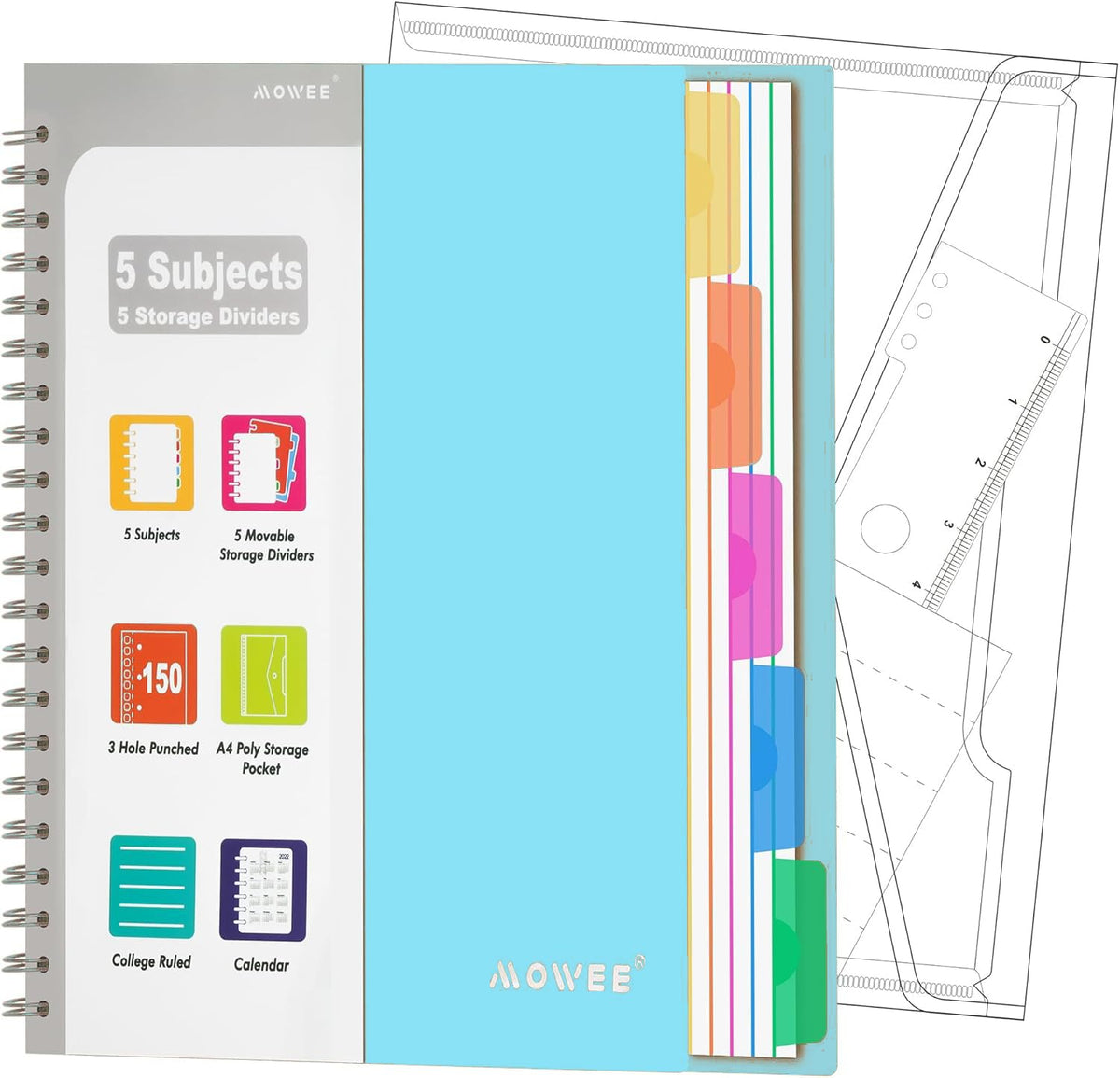 Spiral Notebook - 5 Subject Notebook, College Ruled Notebook With Dividers Pocket, Tabs Label, 11" Ruler, 200 Pages, for Writing Journal, Home & Office, School Supplies, 8.5''x11''Black | 200 Pages, 11" Ruler, 8.5"x11" Black, Pocket Dividers with Tab Labe