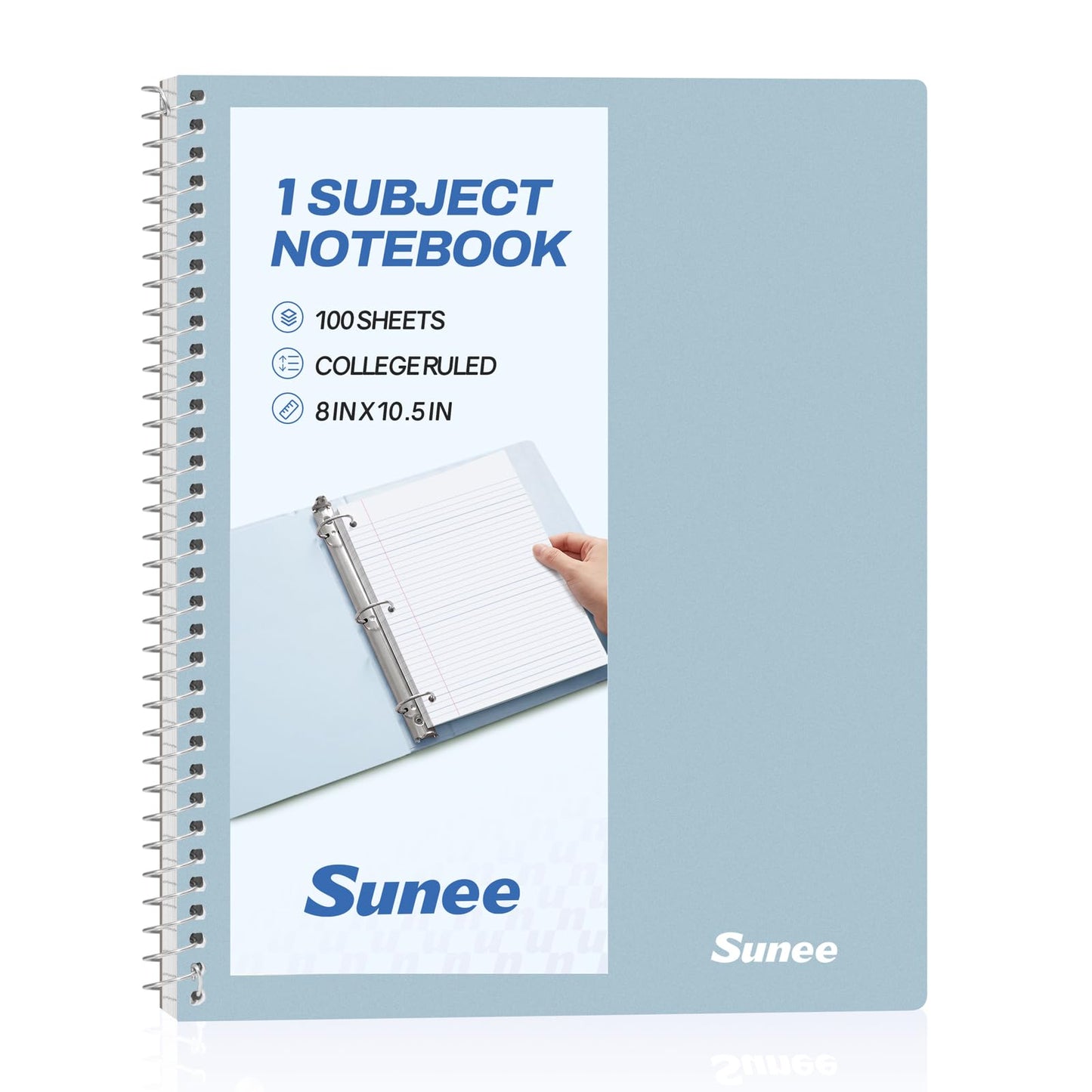 SUNEE Spiral Notebook, 1-Subject, College Ruled Paper, 8" x 10-1/2", 100 Sheets per Notebook, 3-Hole Punched Paper, Water Resistant Cover, Double-sided Pockets, Spiral Lined Notebooks for Work, Pink
