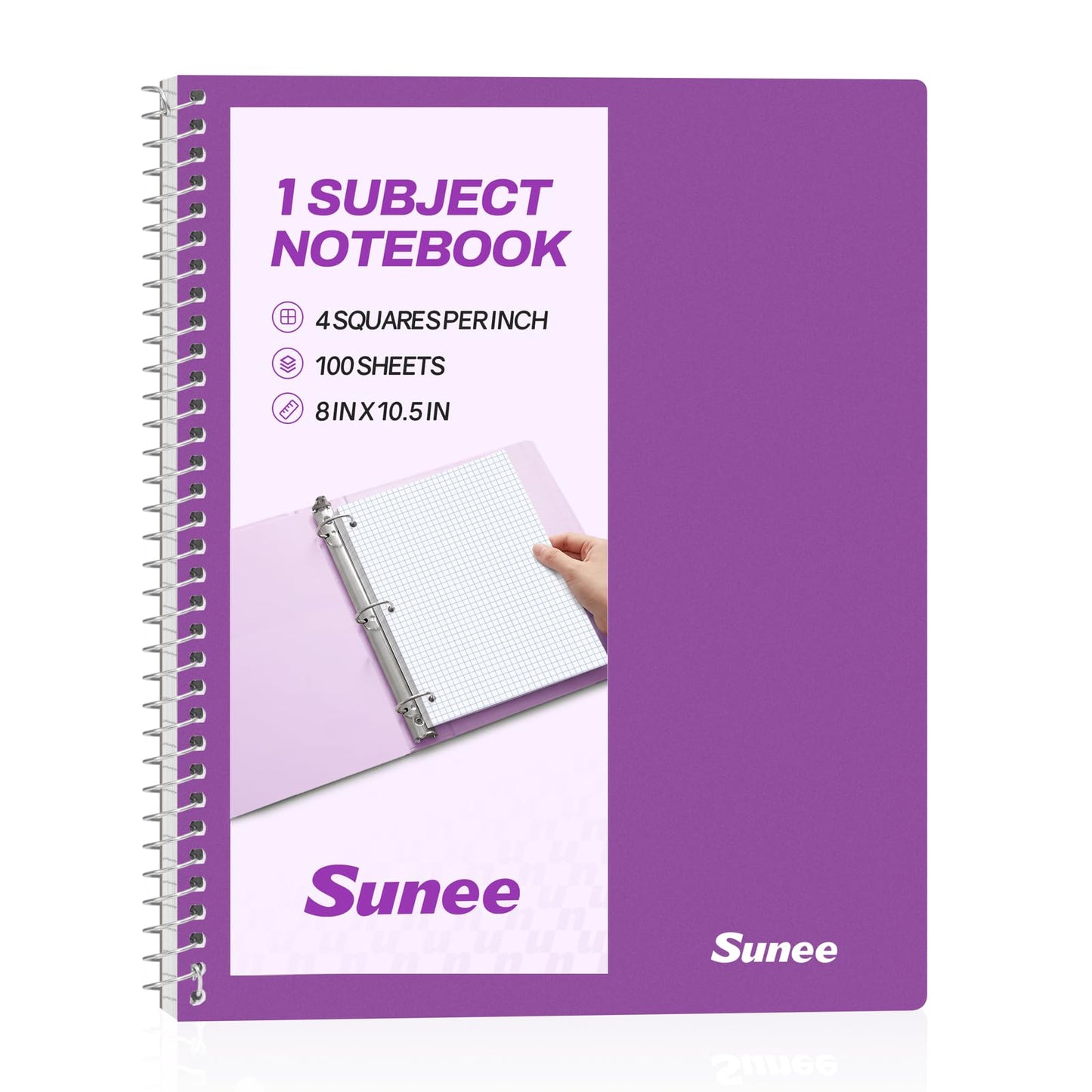 SUNEE Spiral Notebook, 1-Subject, Graph Ruled Paper, 8" x 10-1/2", 100 Sheets per Notebook, 3-Hole Punched Paper, Water Resistant Cover, Spiral Grid Notebooks for Work, Home, School, Writing, Pink